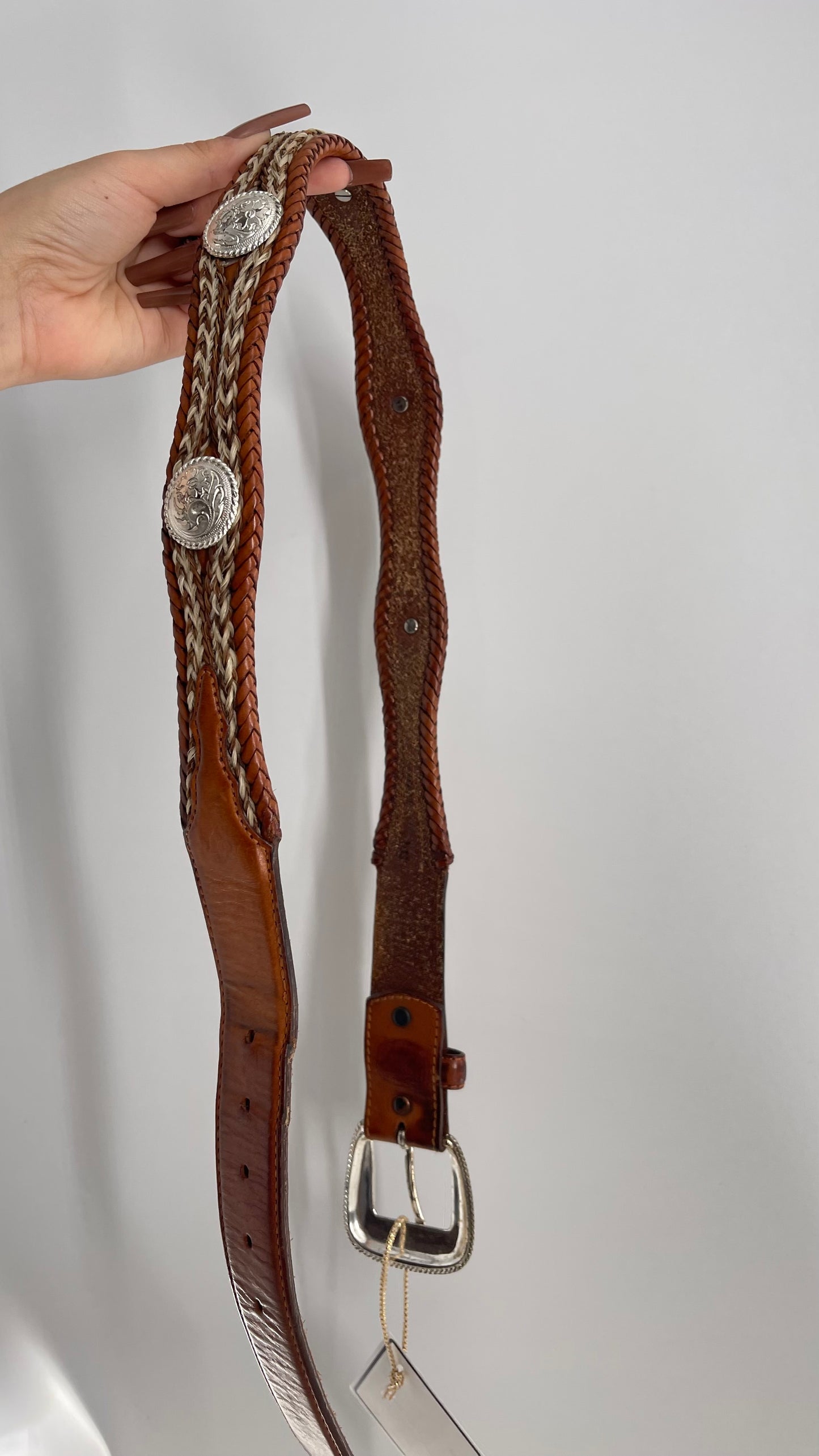 Vintage Tony Lama Genuine Leather Horse Hair Western Braided Belt With Silver Embellishments (34)