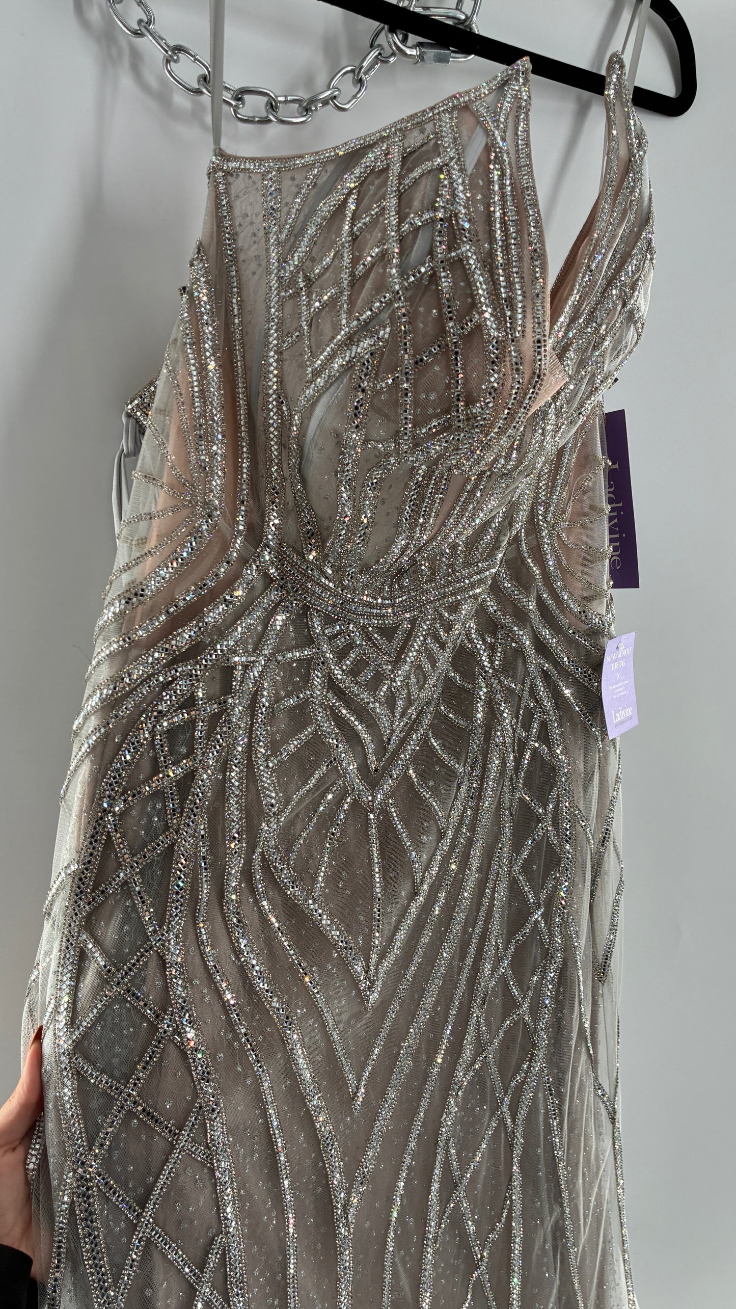 NWT LADIVINE by Cinderella Divine Silver Nude CC6018 Mermaid Corseted Gown with Multiple Layers of Tulle, Covered in Crystal Strips (16)