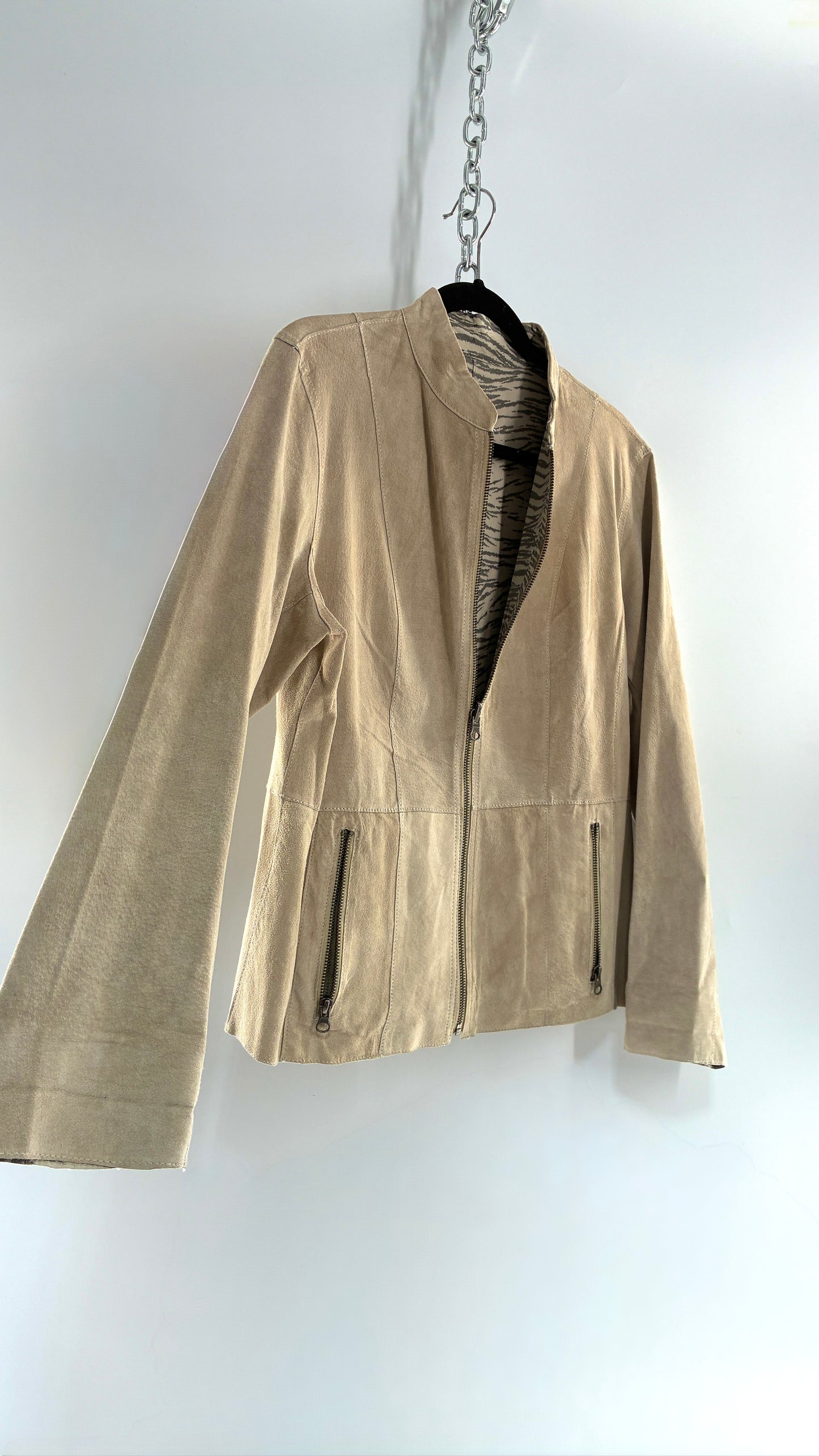 Vintage Reversible Thin Genuine Suede Leather Zip Up Jacket Beige/Zebra (Medium)