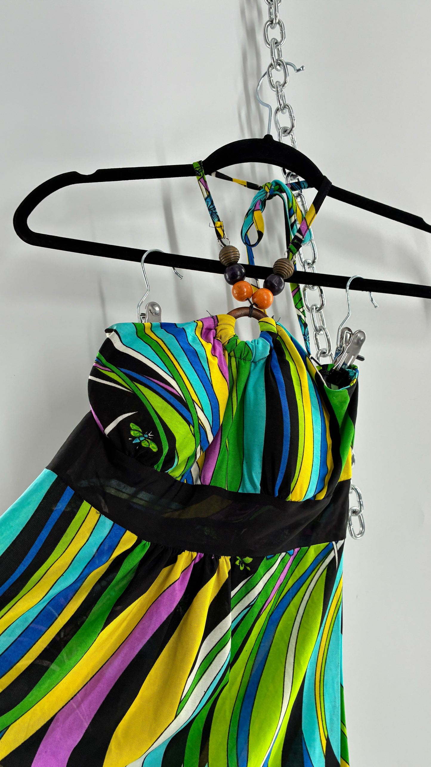 Vintage 1990s Halter Contrast Swirl Dress with Beaded Choker and Built in Bust Padding (Small)
