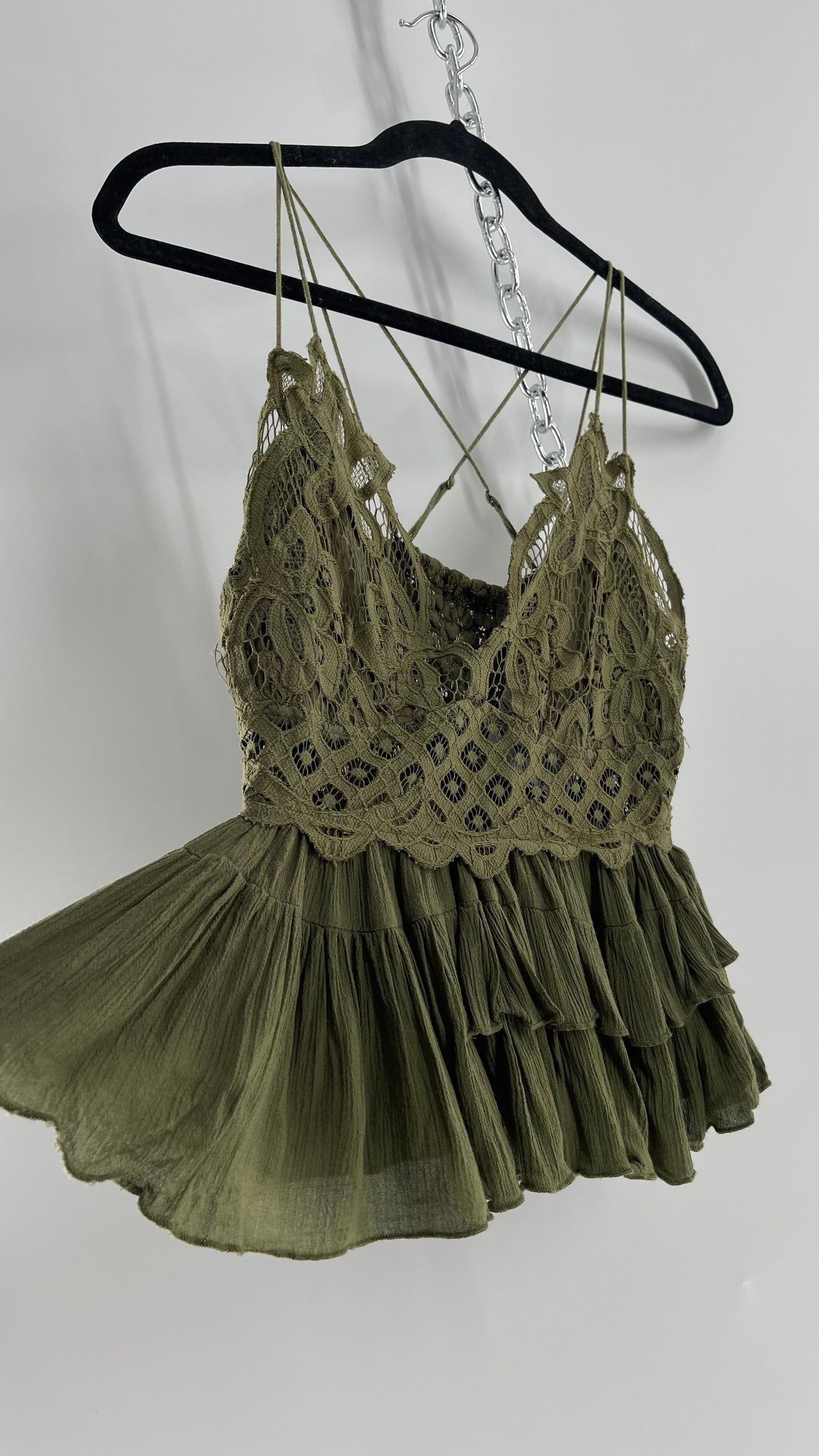 Free People Army Green Lace Bralette Top with Ruffled Hem (Large)