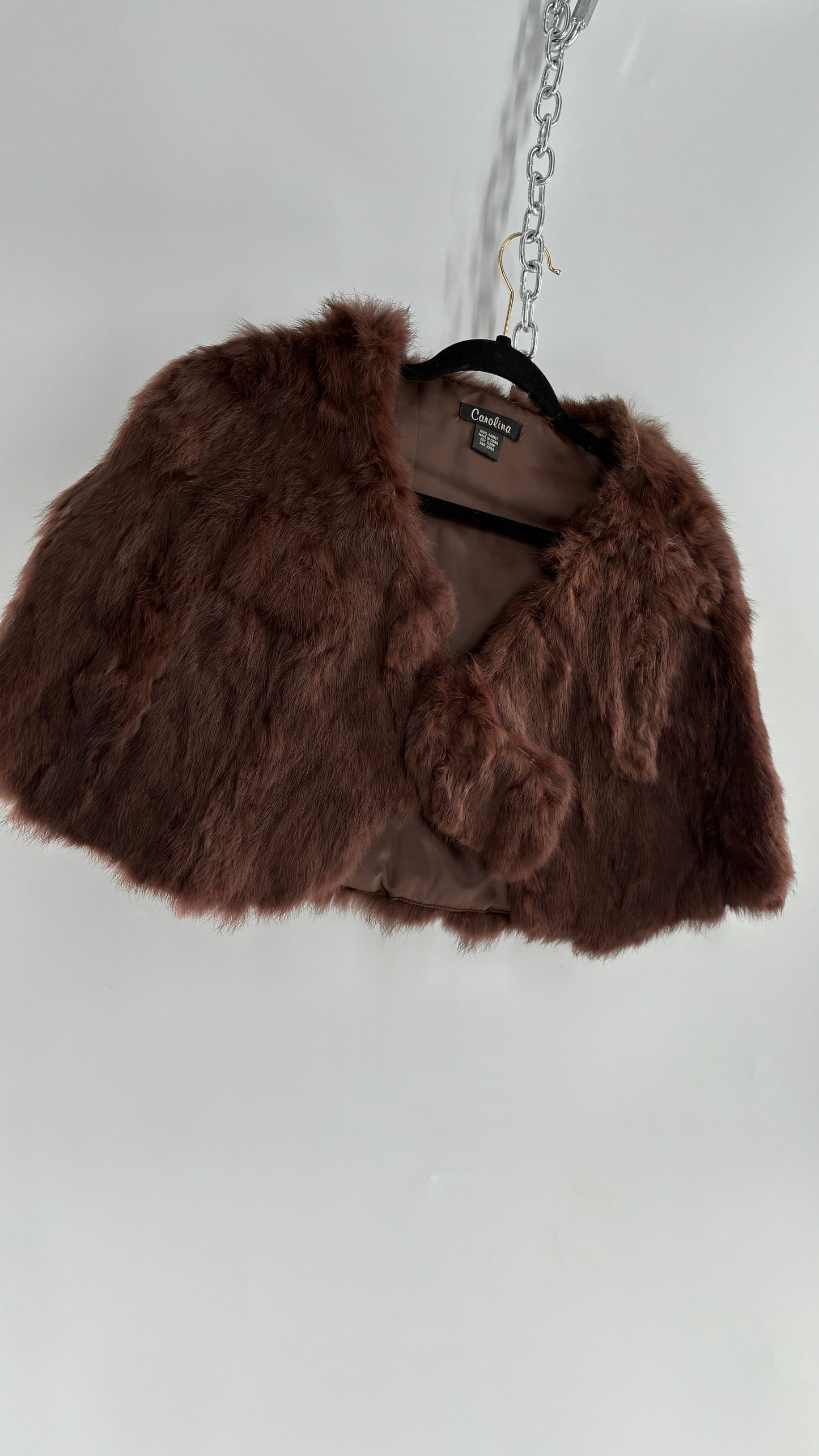 Vintage CAROLINE 100% Rabbit Fur Brown Shrug Cape with Oversized Round Buckle (One Size)