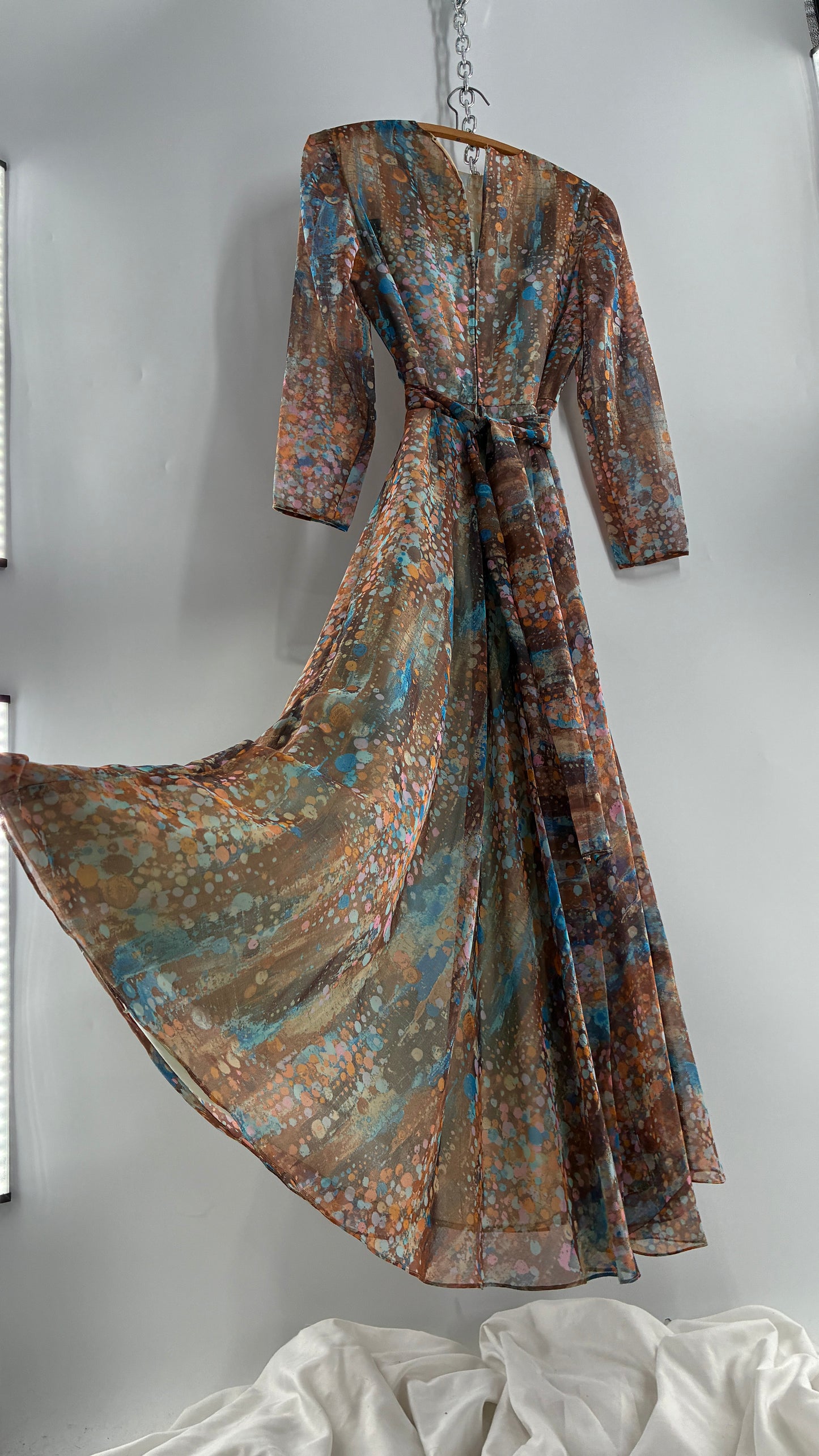 Vintage 1970s HELEN BASS Brown, Orange, Blue Voluminous Maxi Dress (S)