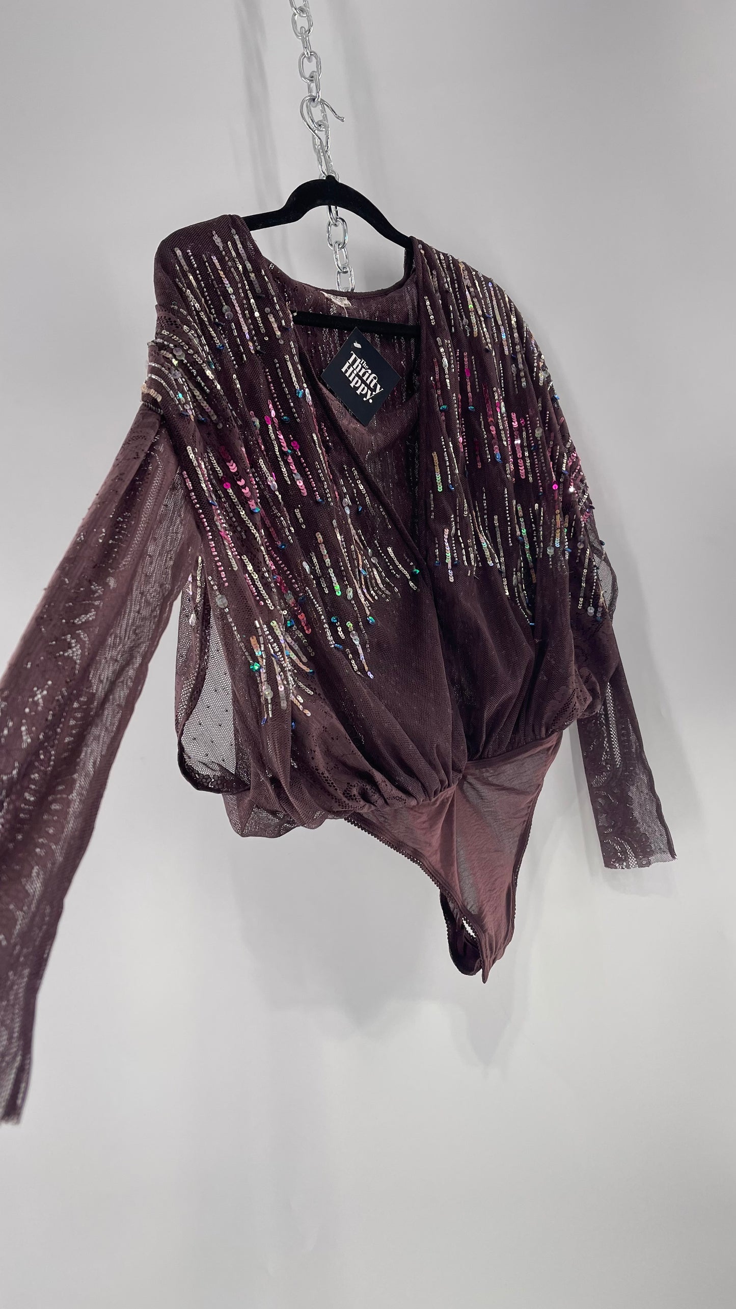 Intimately Free People Plum Mesh Bodysuit with Lace Sleeves and Beaded/Sequined/Embellished Body (Medium)