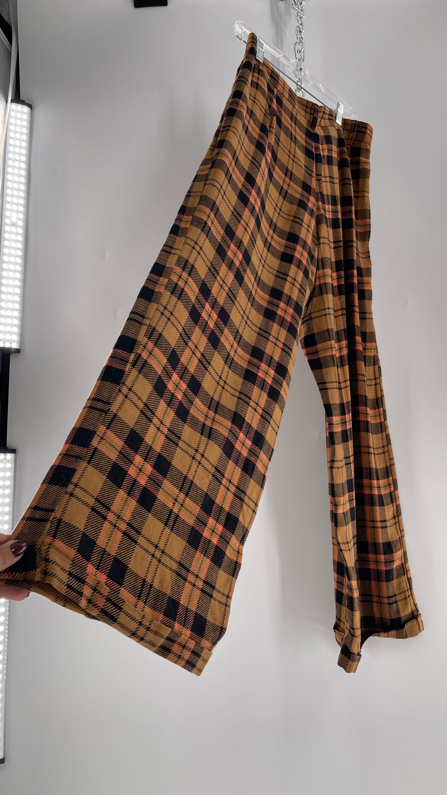 Free People Mustard,Salmon, Black Plaid High Waisted Wide Leg Trouser with Pleating (4)