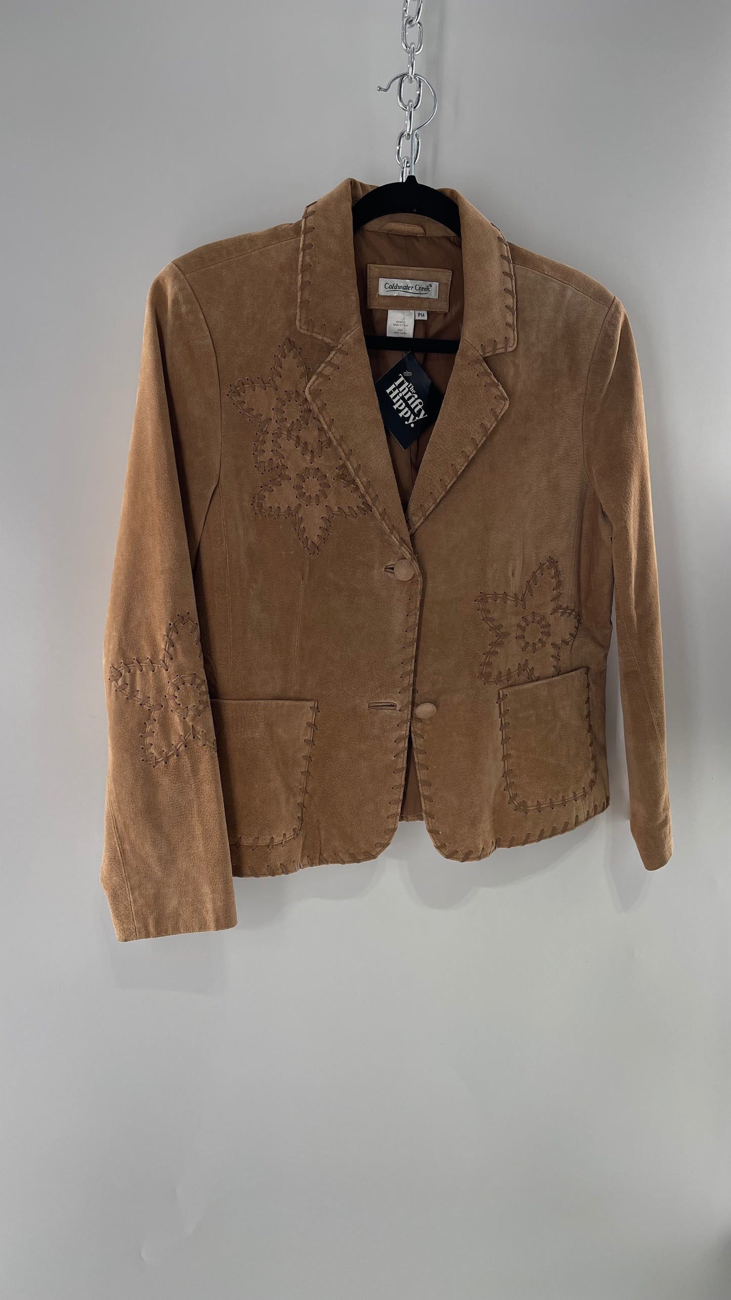 Vintage Rare Light Brown Genuine Suede Blazer with Embroidered Suede Flower and Contrasting Thick Leather Stitching (Medium)