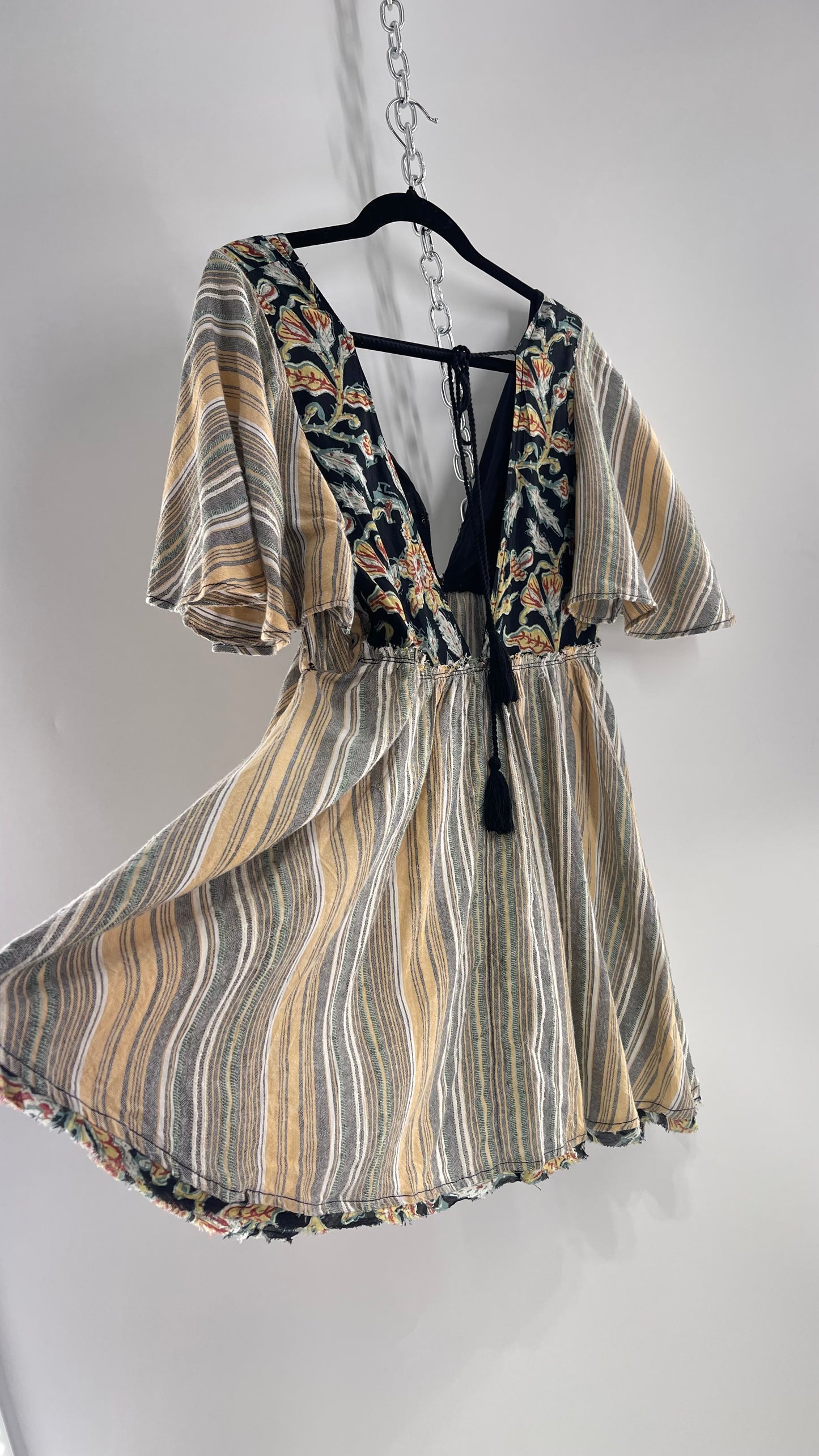 Free People Dual Fabric Floral/Woven Boho Babydoll Mini Dress (XS)