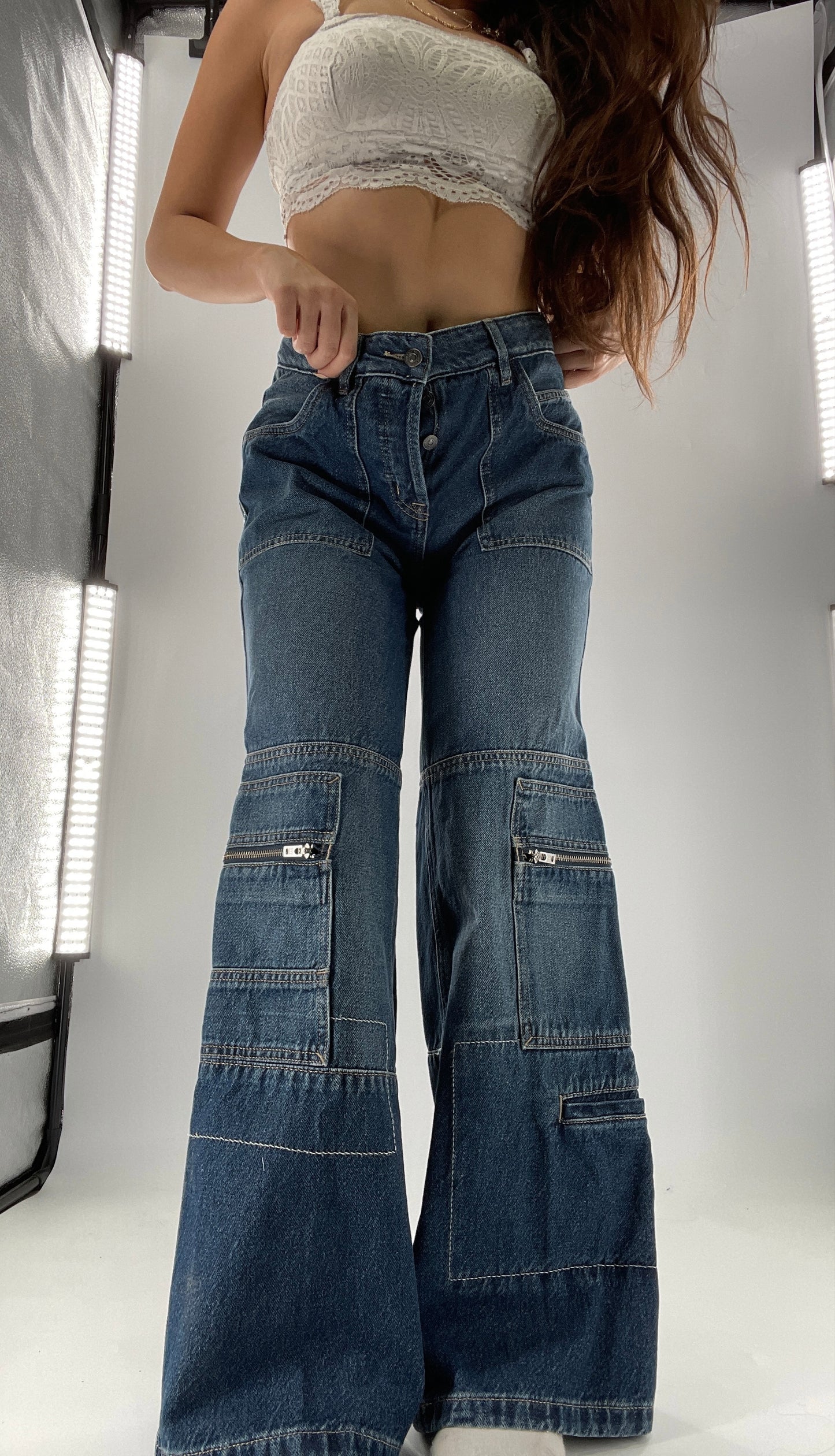 Free People Medium Wash Baggy Straight Legs Jeans Covered in Zippers, Pockets, Stitching (28)