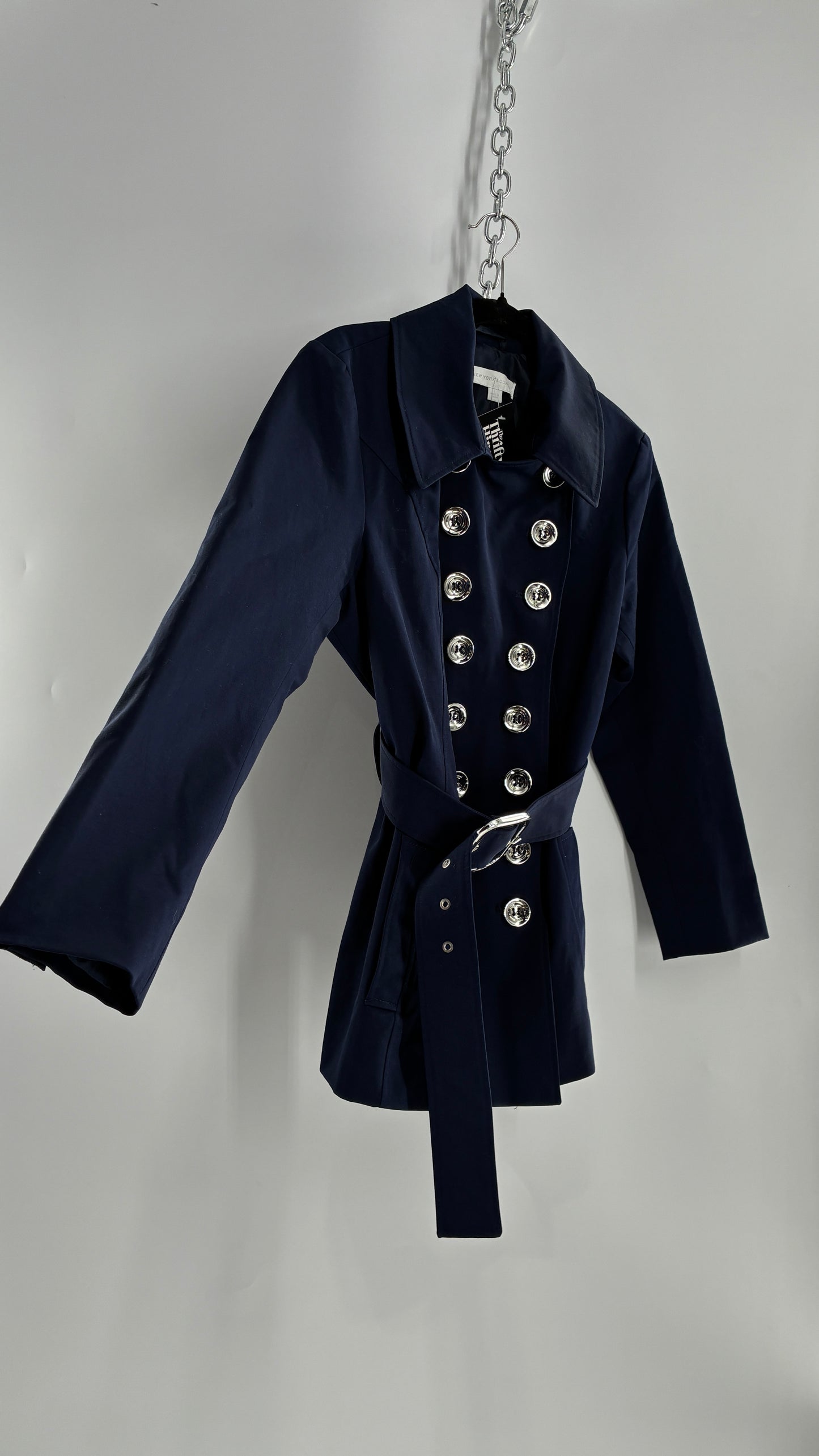 New York & Company Deep Navy Coat with Double Breasted Silver Buttons and Oversized Silver Buckle (Large)