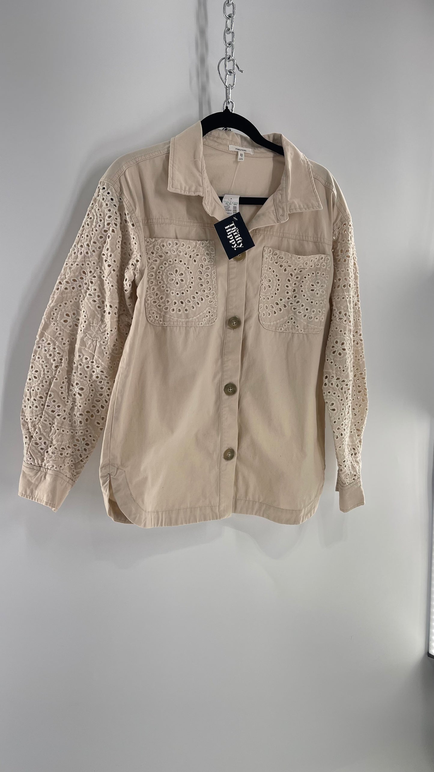 Maurices Anthropologie Beige Cotton Button Up with Eyelet Lace Sleeves and Pockets with Tags Attached (XS)