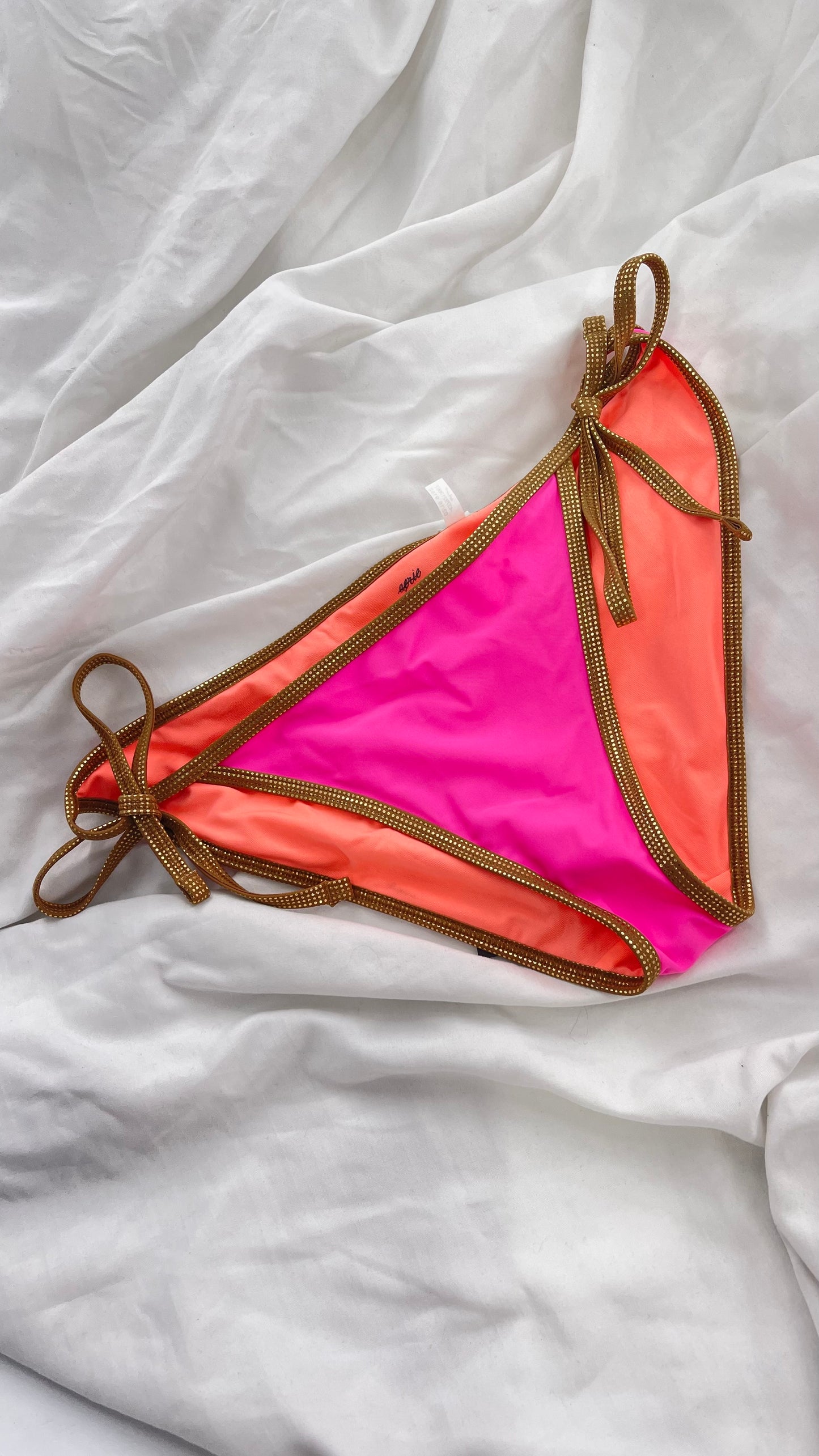 Deadstock Vintage Aerie Neon Pink and Orange Reversible Bikini Bottoms with Gold Metallic Trim (Large)