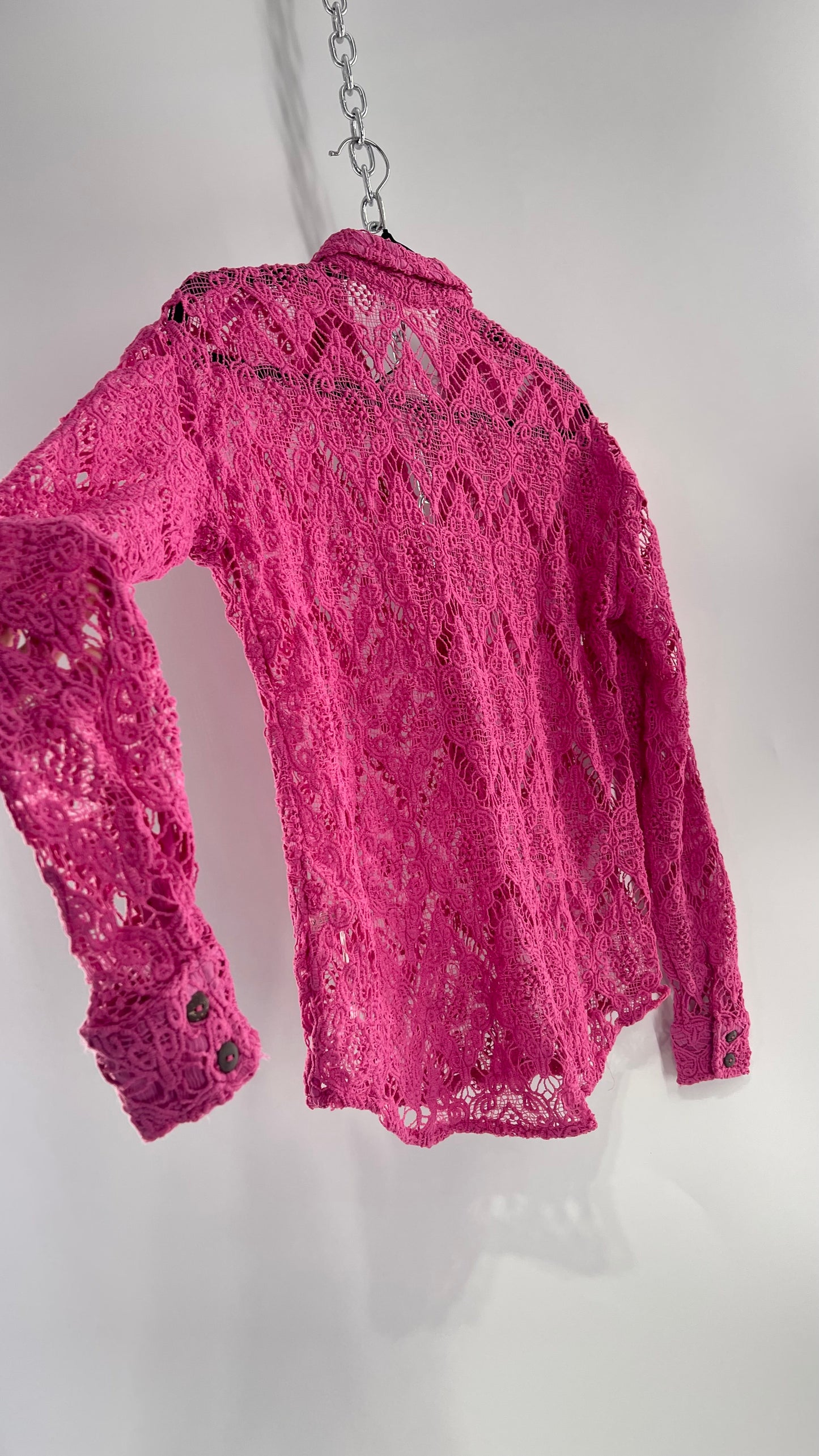 Free People Until Sunday Fuchsia Purple/ Pink Thick Lace Button Front Blouse with Coconut Buttons (XS)