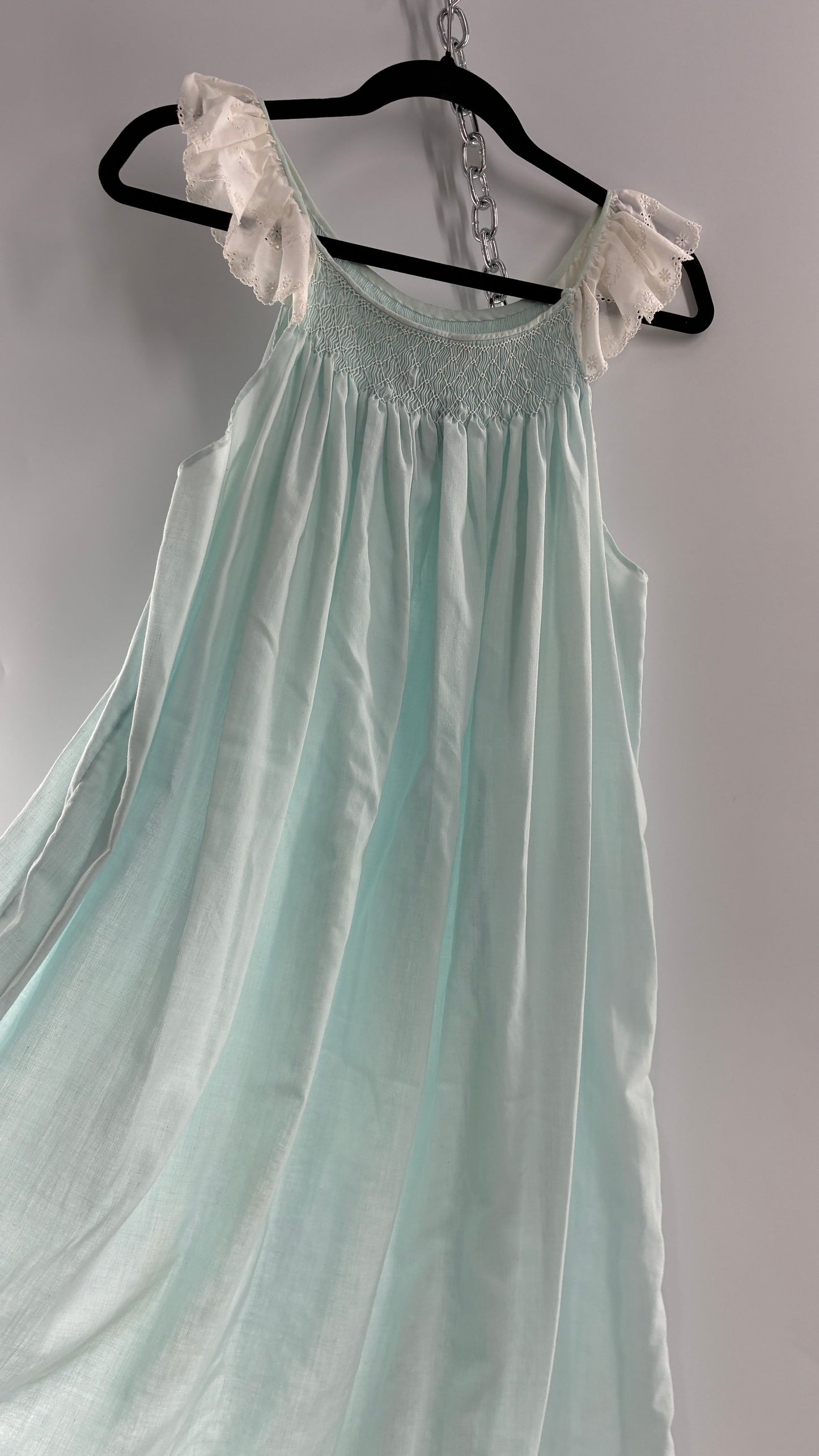Vintage Baby Blue Nightgown Maxi with White Scalloped Lace Straps and Hem (Medium)