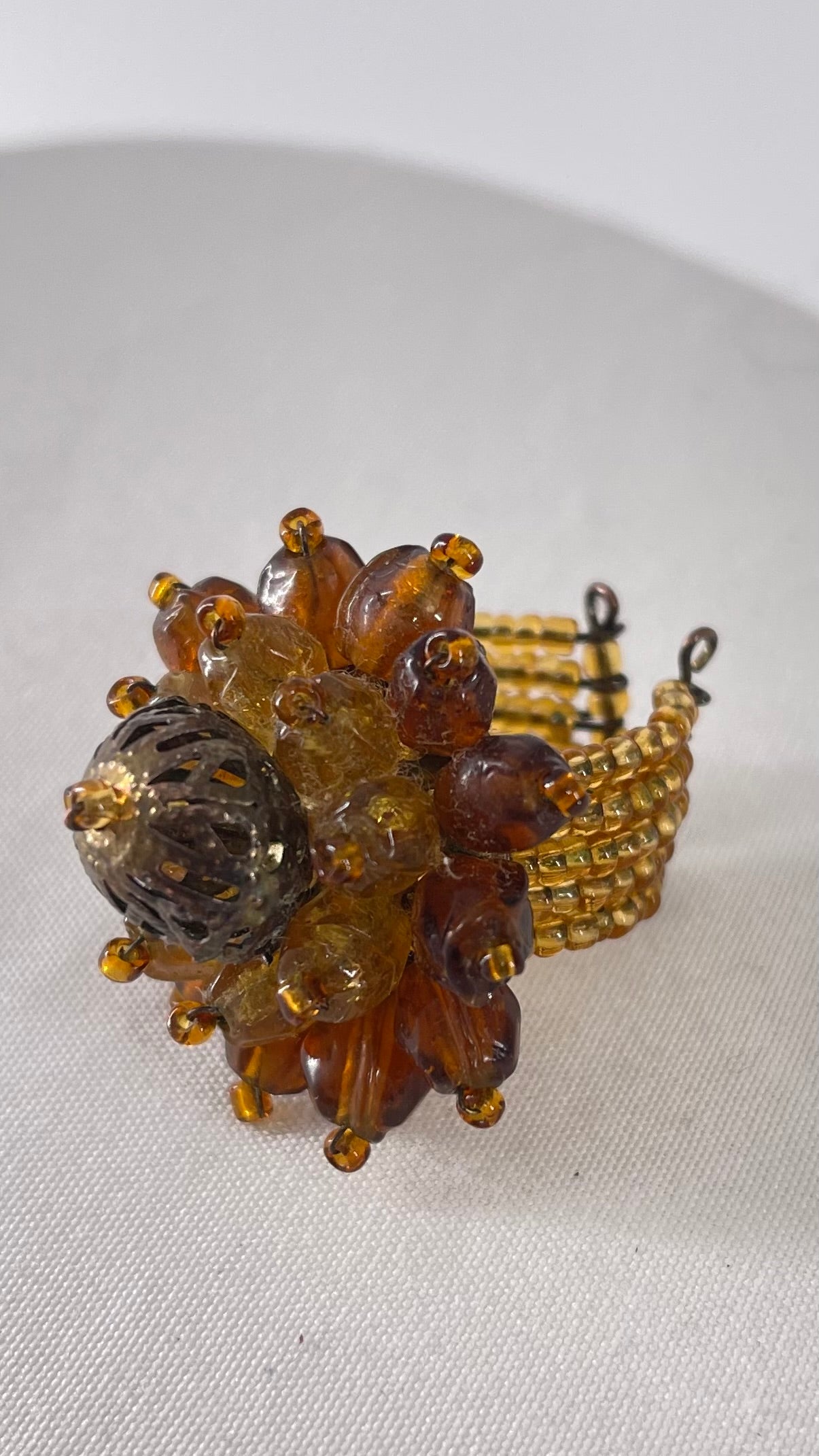 Vintage Beaded Gold and Brown Rosette Ring