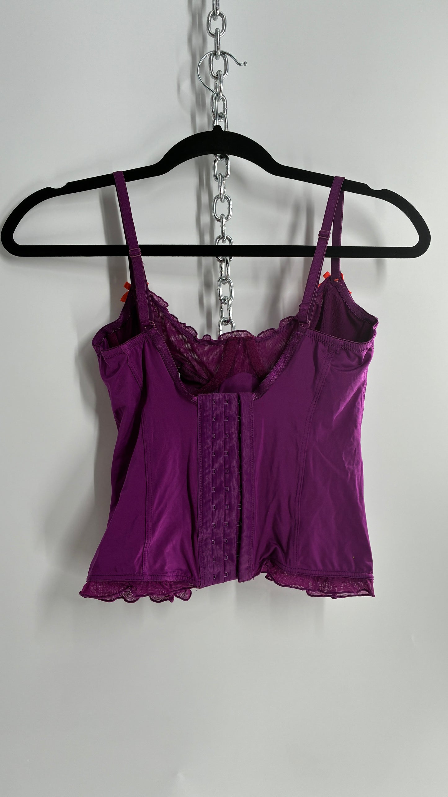 Vintage 1990s Purple Underwire Camisole Top with Sheer Ruffled Trim and Contrast Bow (Small)