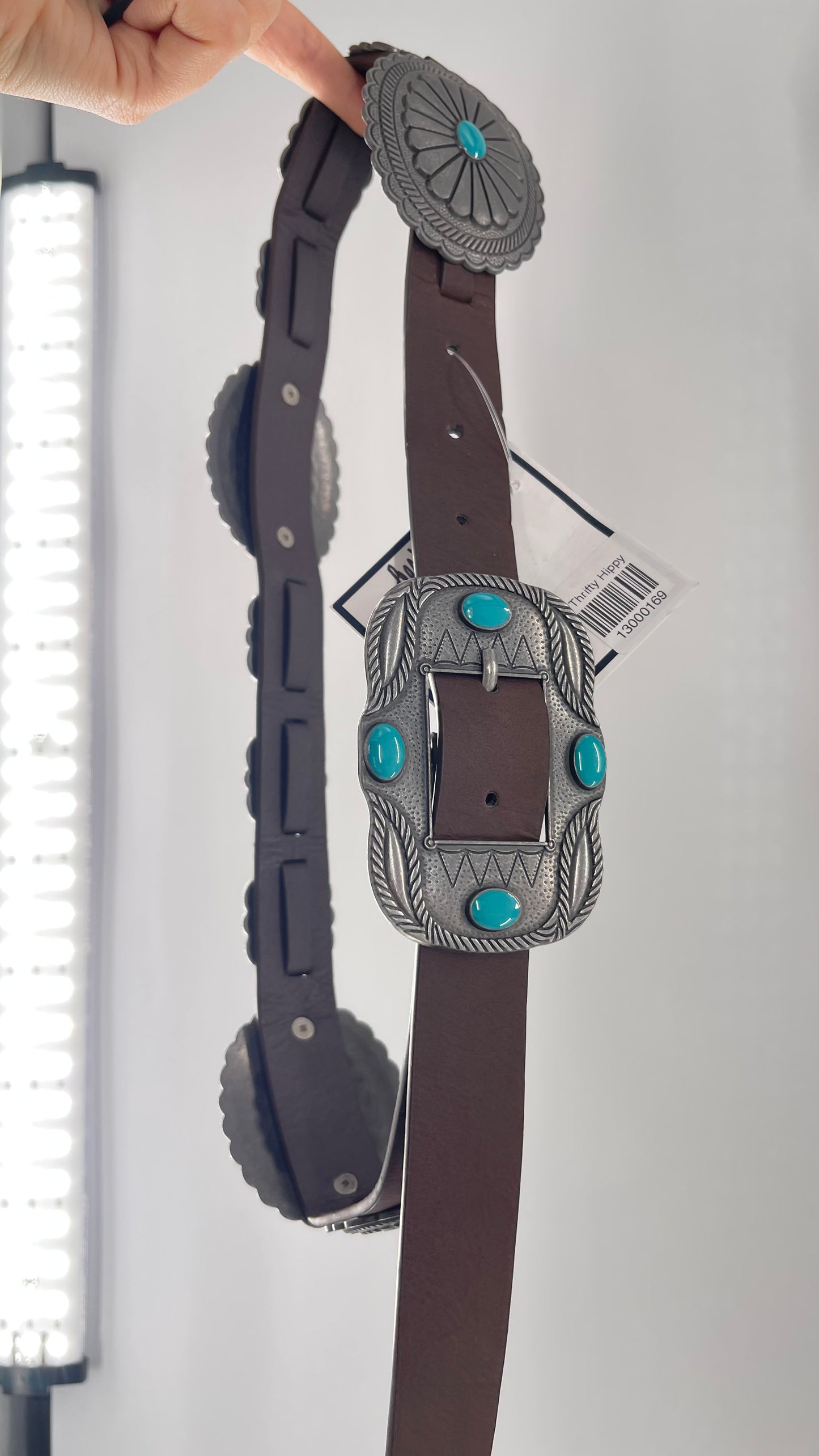 Free People Brown Leather Belt with Heavy Duty Metal Engraved (Small)