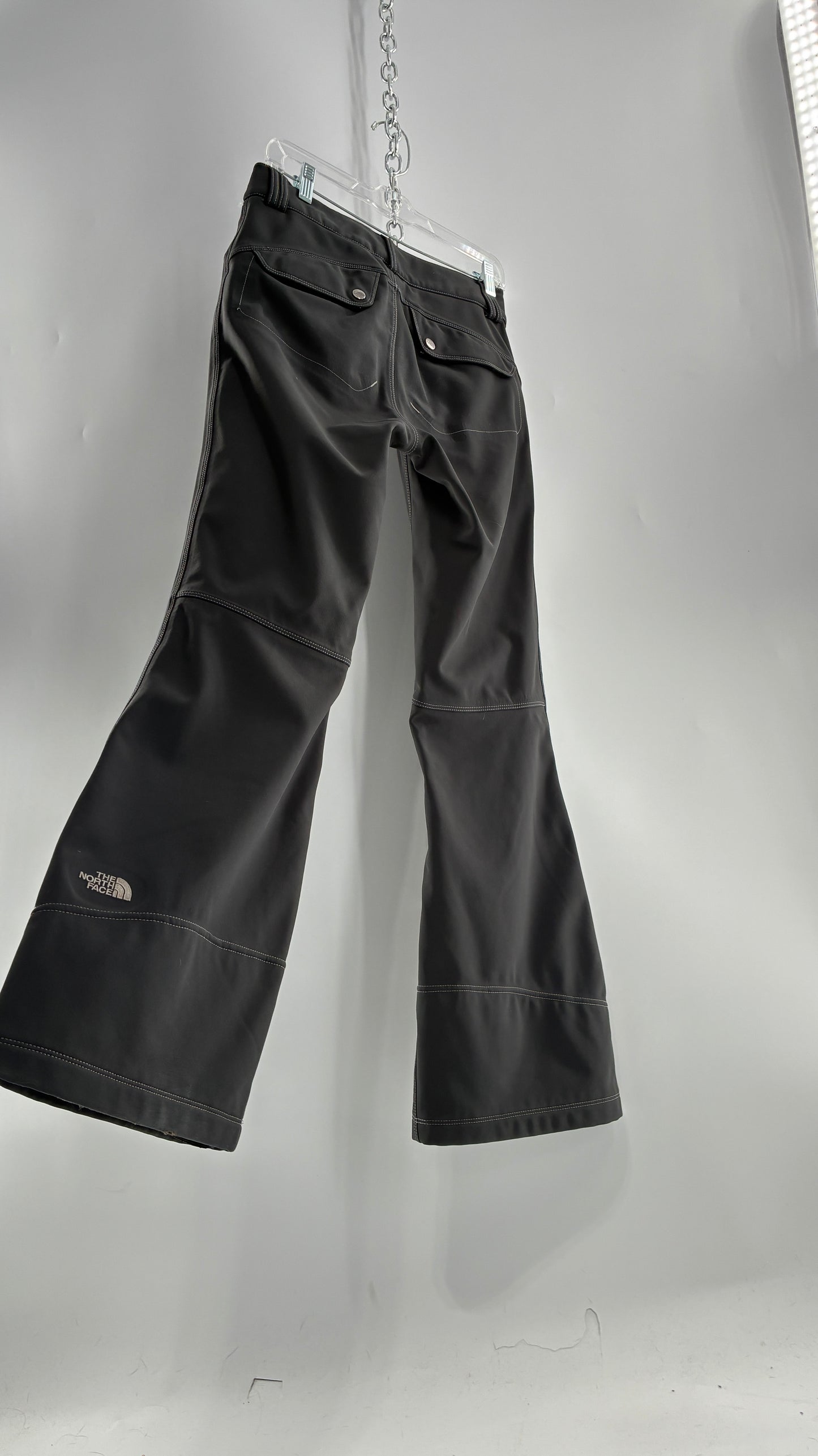Vintage North Face Dark Gray, Low Rise, Kick Flare Pants with Contrast Stitching, Side Closure and Oversized Bum Pockets (Small)