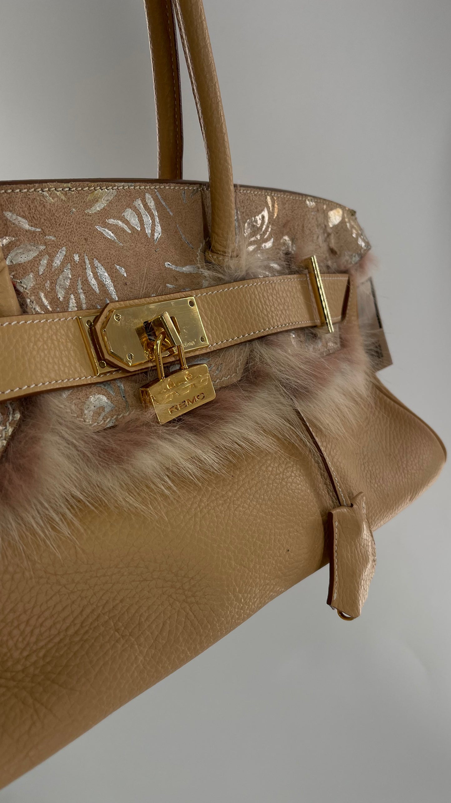 Vintage REMC R.ENGEL Monte Cristo High Society Tan Leather Purse with Silver Embossed Leather Detail, Feather Trim and Heavy Gold Locket Birken Look Alike