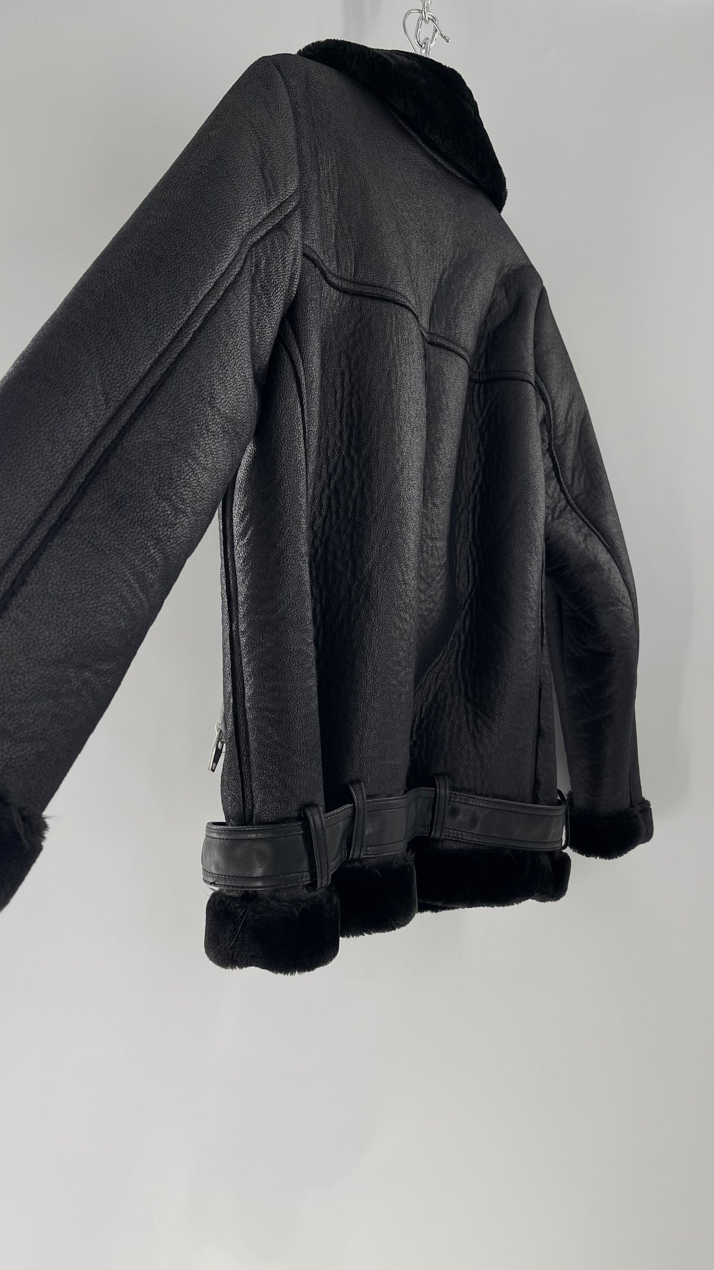 H&M (C) Black Faux Leather Moto Jacket with Faux Fur Lining (10)