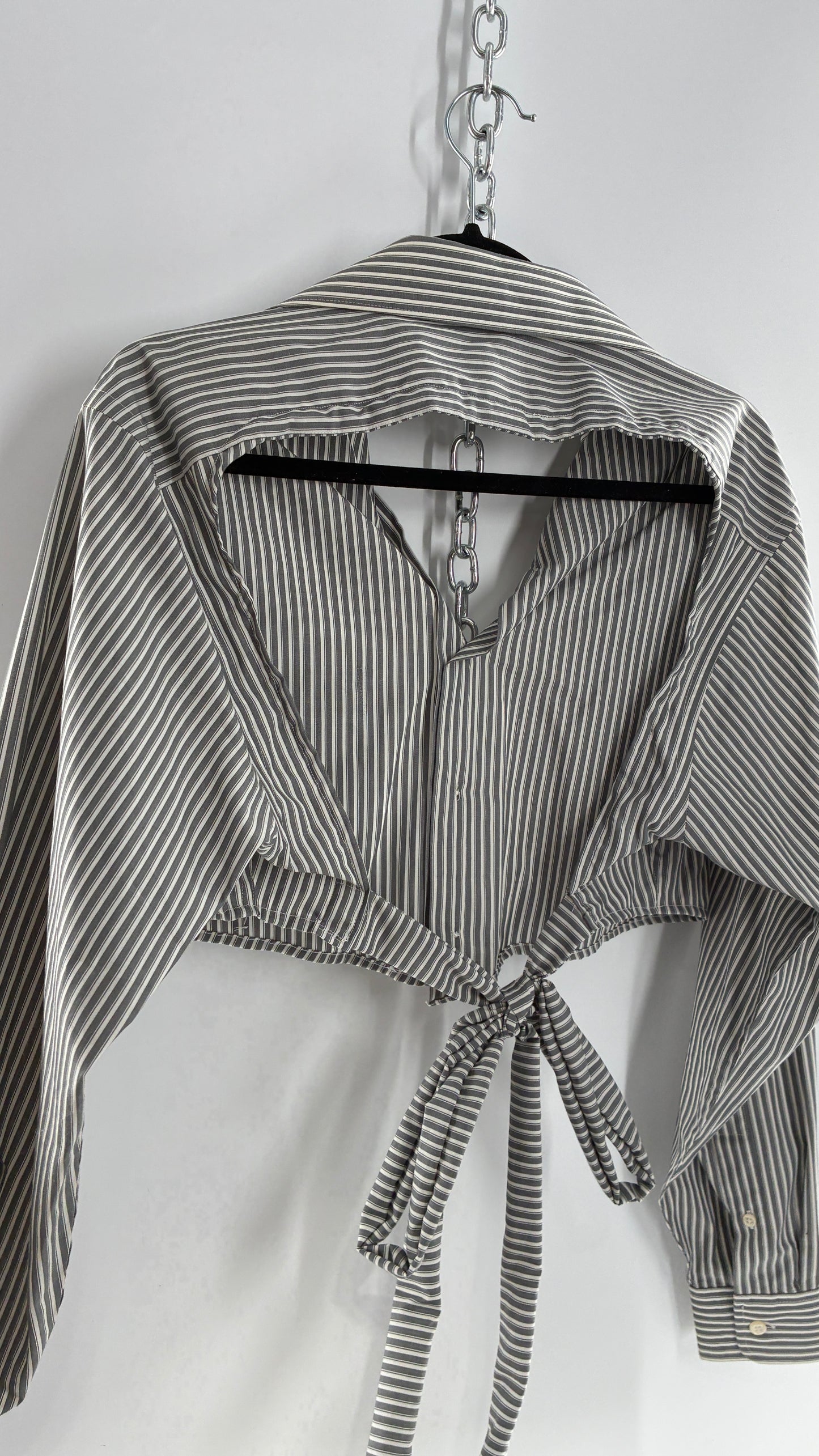 Vintage DAVID TAYLOR Reworked Button Front Backless Grey Striped Blouse (One Size)