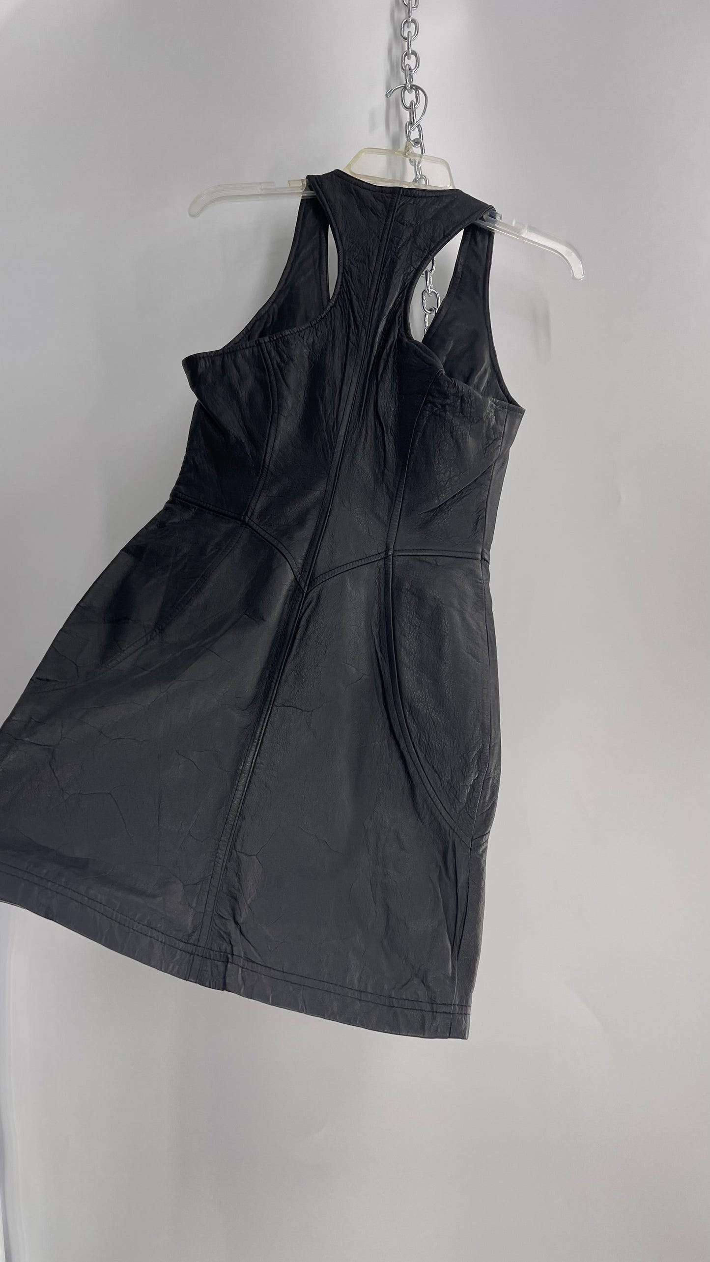 Vintage 1980s VERDUCCI Black Leather Zip Front Mini Dress (Small)