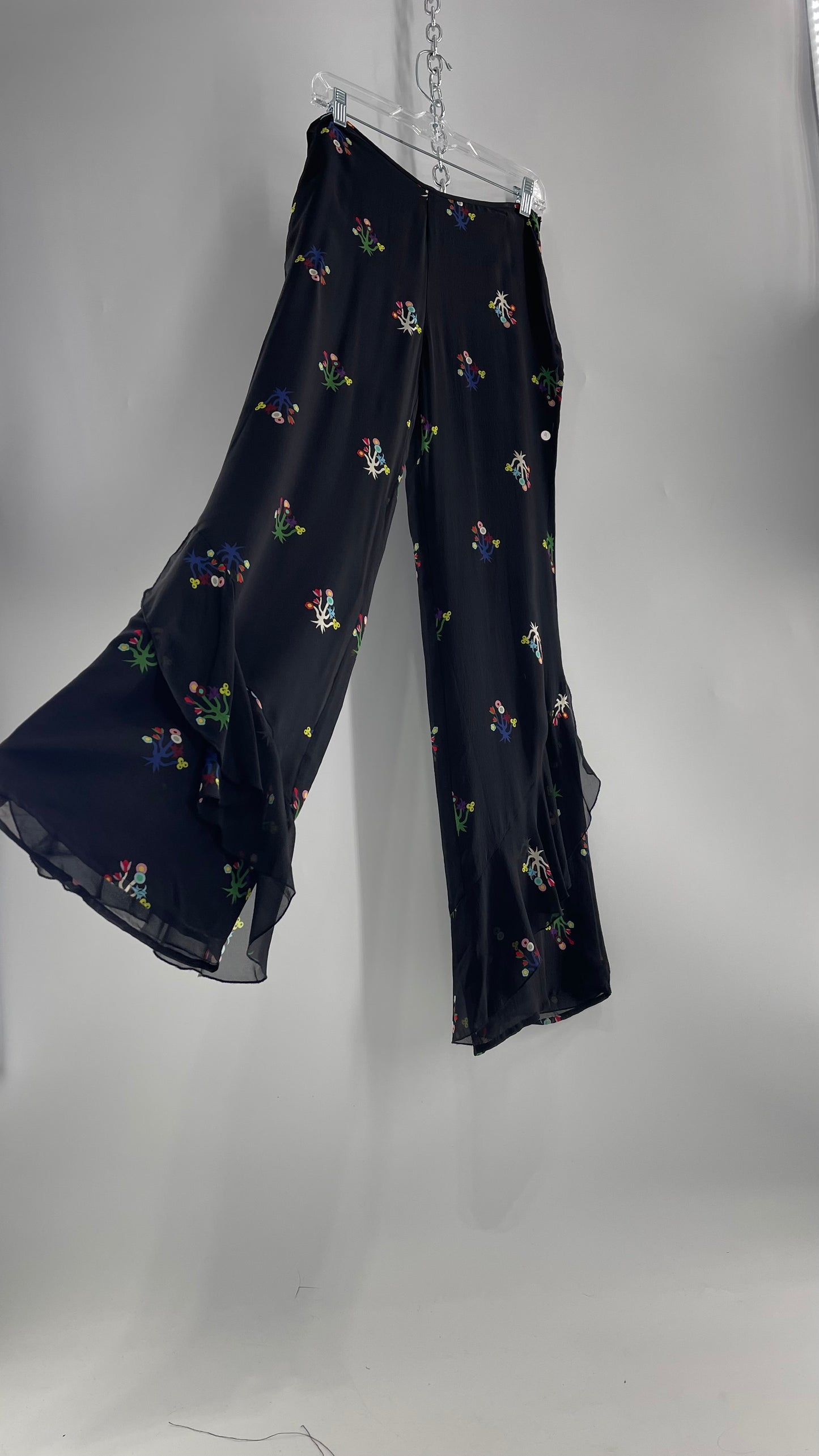 Cynthia Rowley Black Flared Pants with Colorful Abstract Florals, Dual Lining and Ruffle Trim (4)