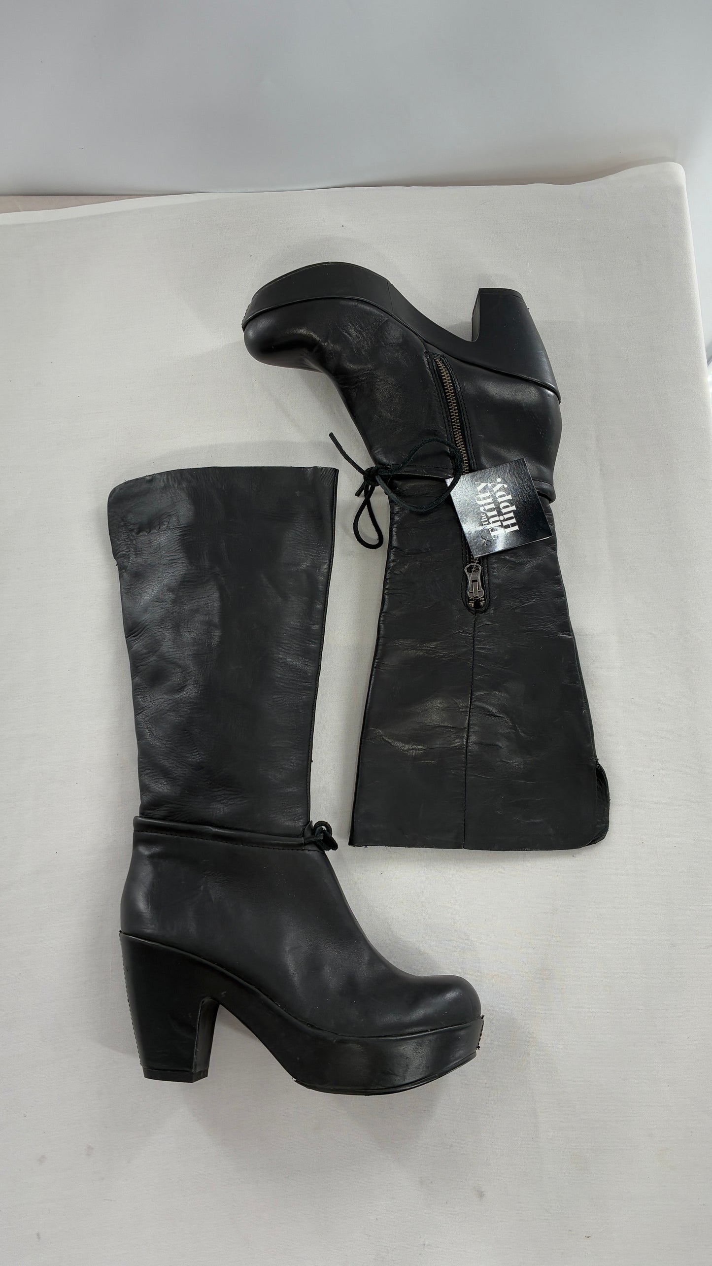 Vintage KORK EASE Black Genuine Leather Platform Clog, Knee High Boots (8/39)