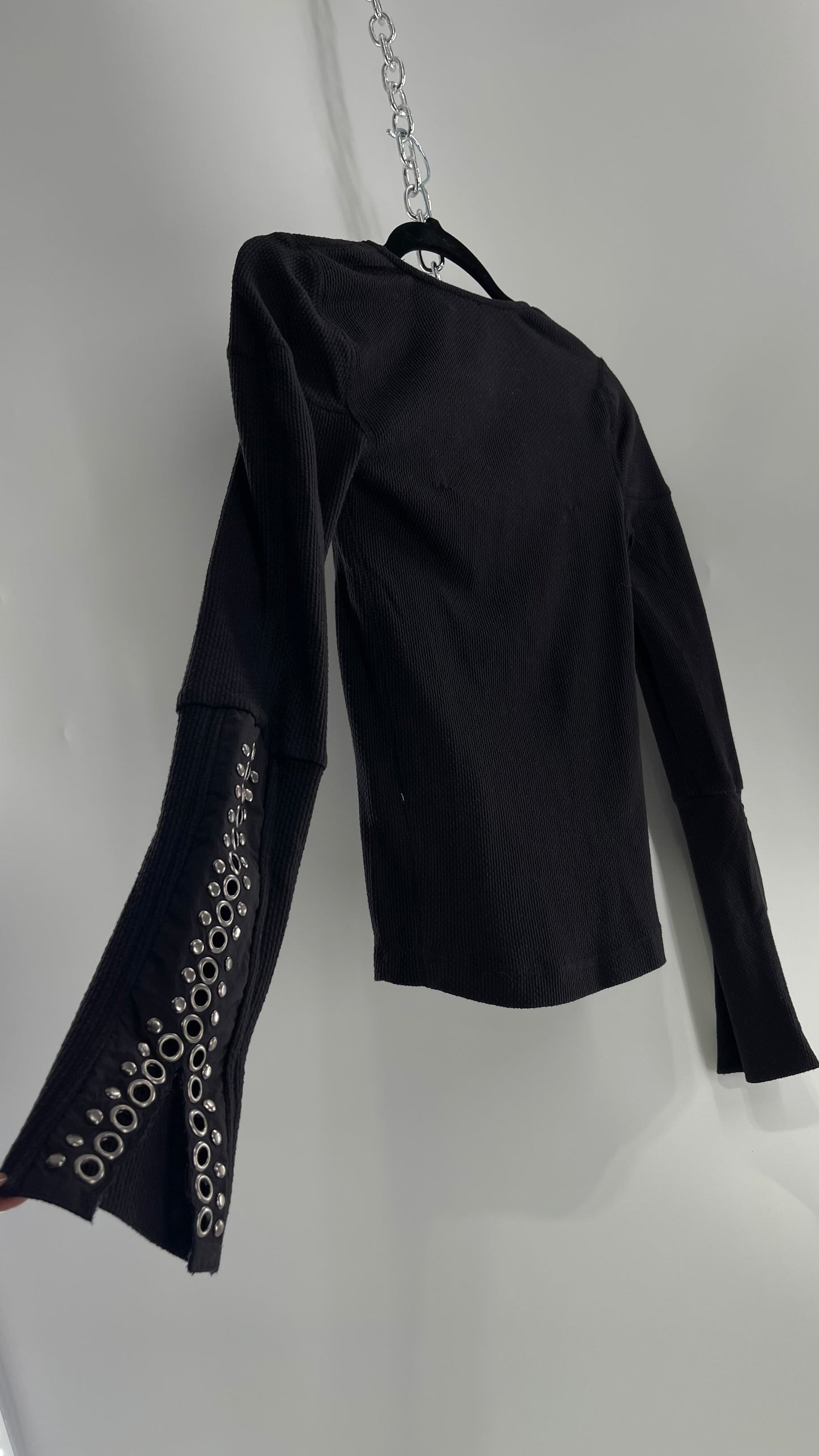 Free People Black Henley with Grommet and Studding Sleeve Cuff Tags Attached (XS)