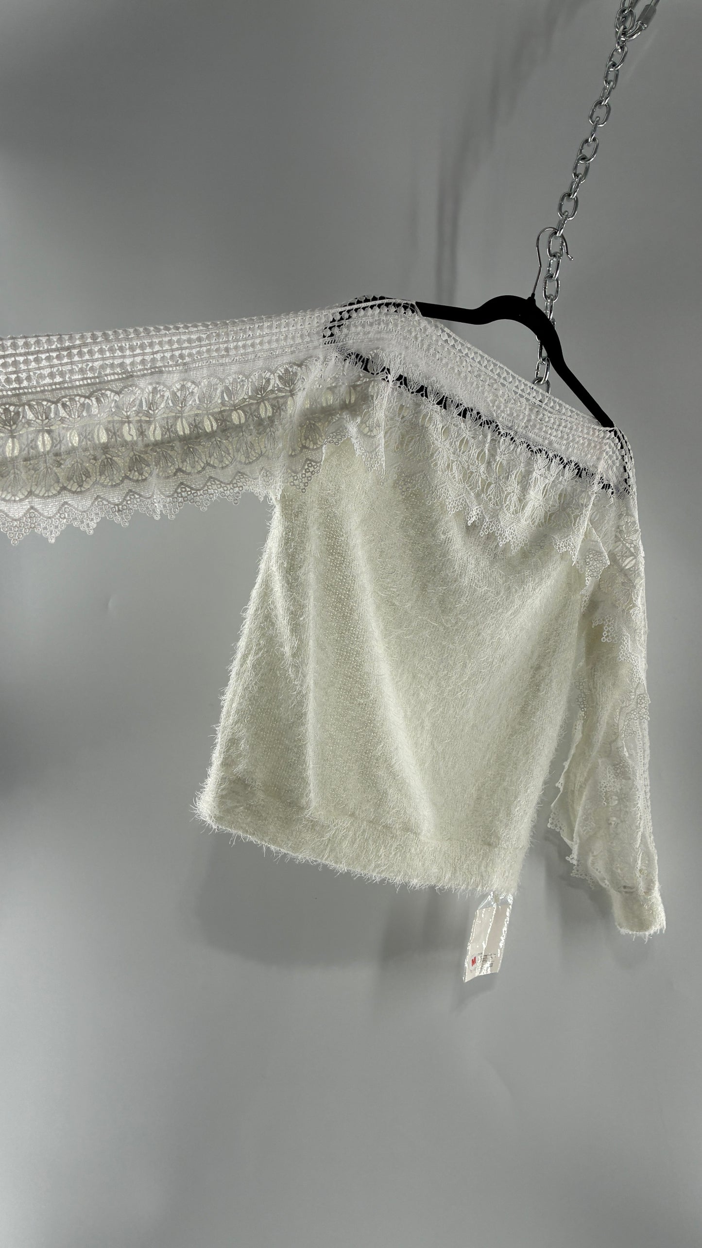 Deadstock White Shaggy Sweater with Thick Scalloped Lace Neckline + Arm Detail and Tags Attached (Medium)
