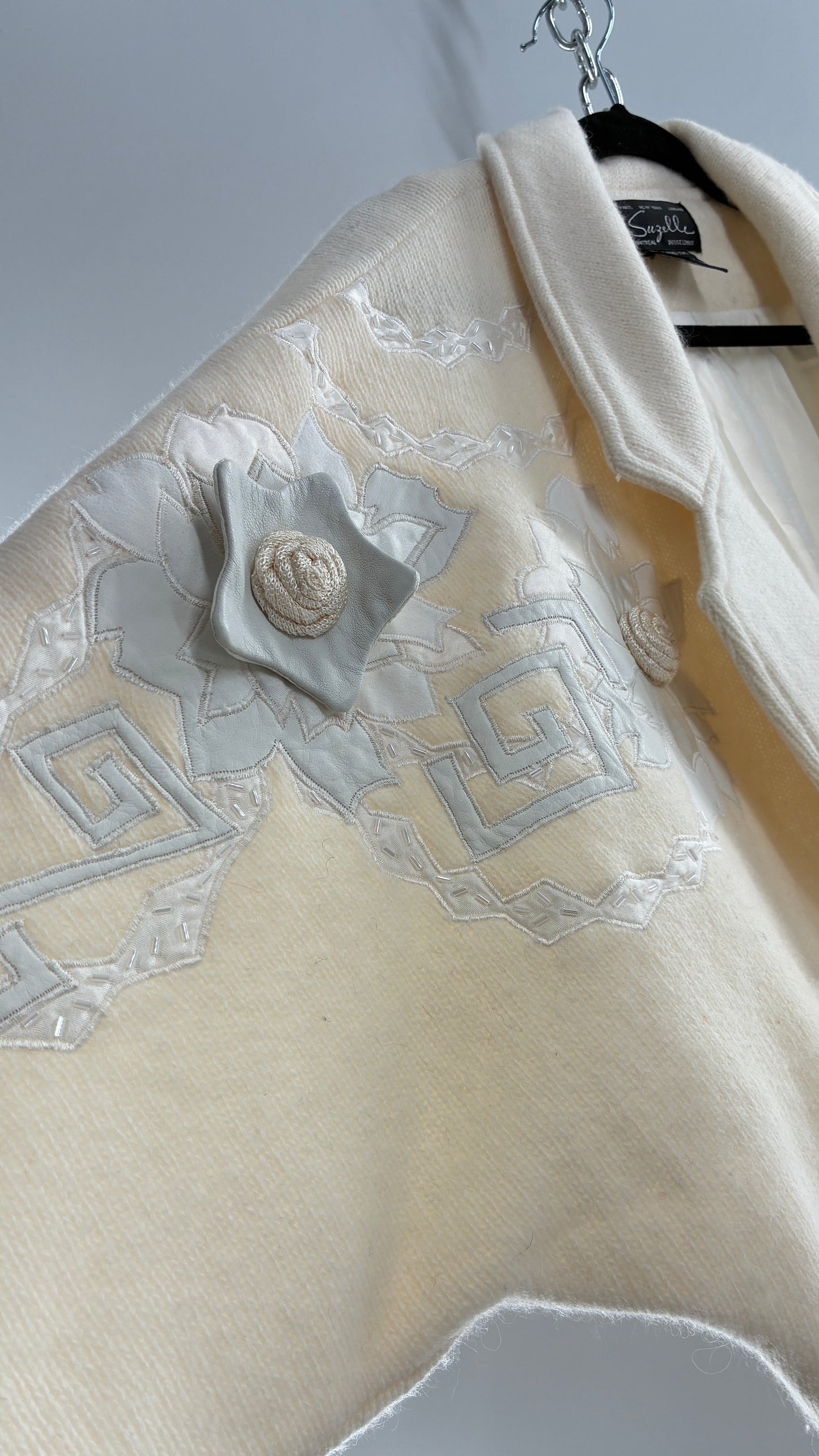 Vintage SUZELLE 70% Lambswool, 20% Angora Rabbit Off White Woven Bomber Jacket with Leather Flower Appliqués (Medium)