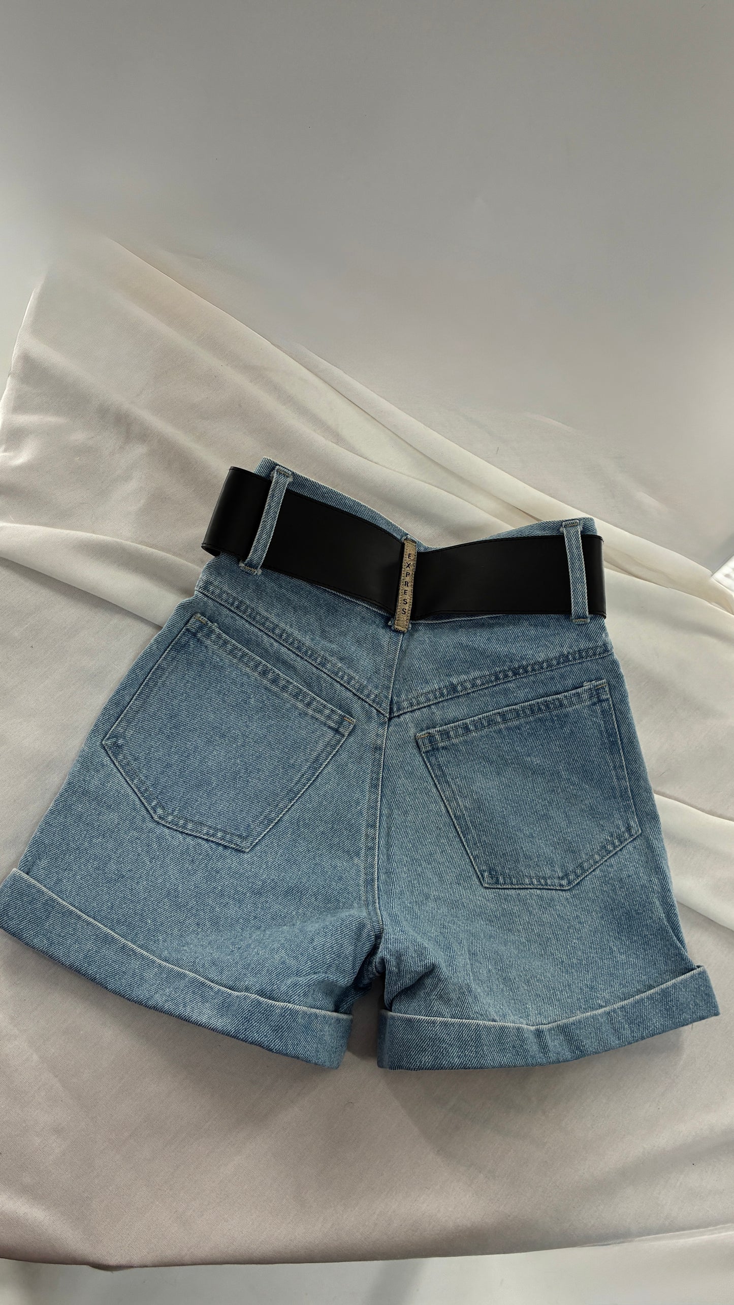 Vintage 1990s EXPRESS Ultra High Waisted Jean Shorts with Wide Waist Belt (1/2)