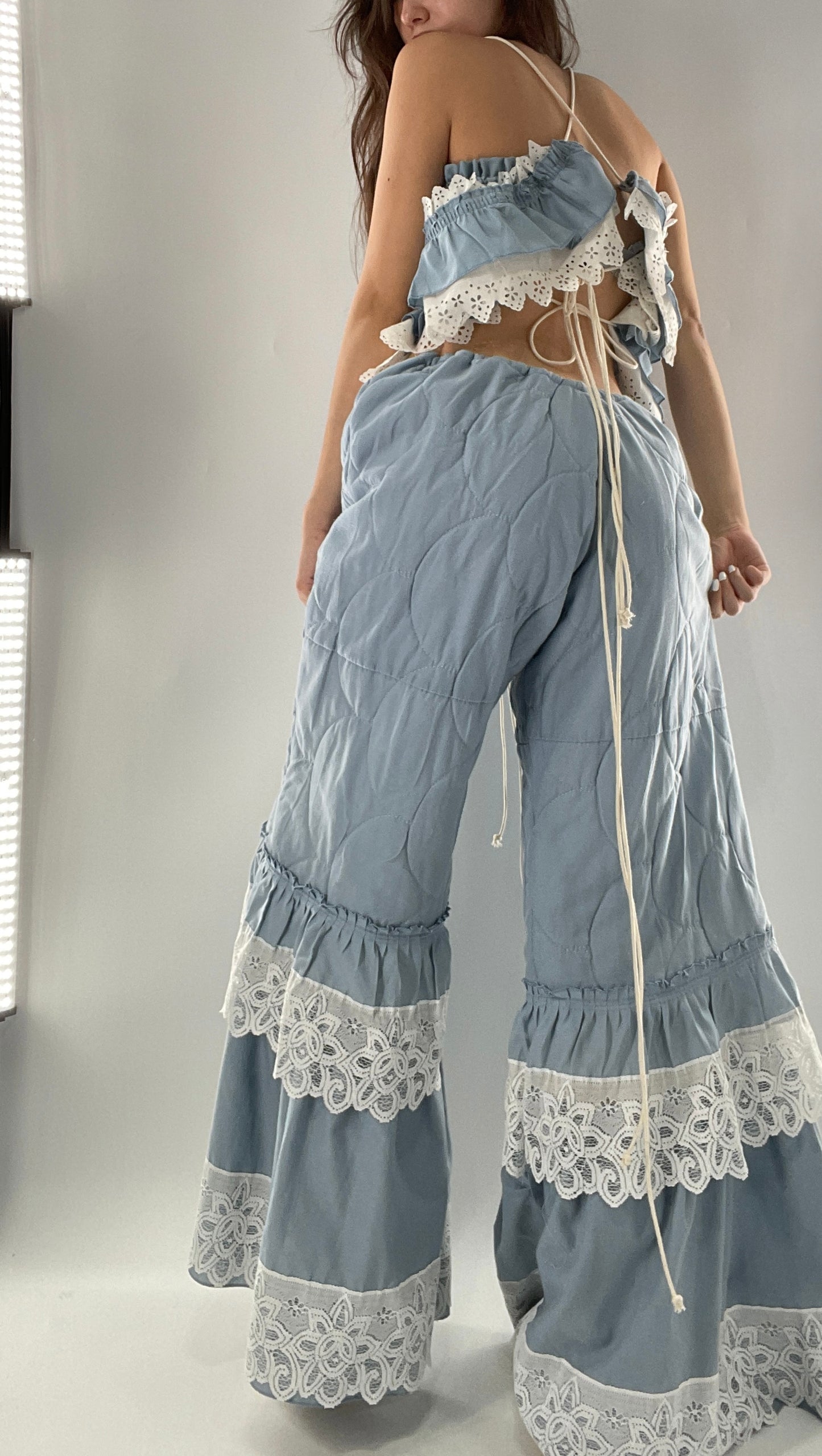 Vintage 2 Piece Powder Blue Set Featuring 2Way Blouse and Quilted Trousers Covered in Ruffles, Lace and Trim (One Size)