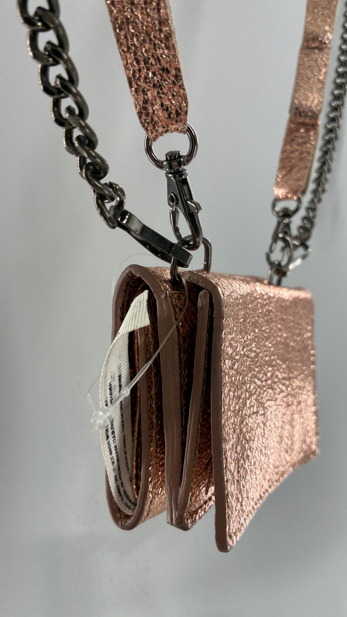 Free People Rose Gold Metallic Goat Leather Wallet with Leather and Chain Straps