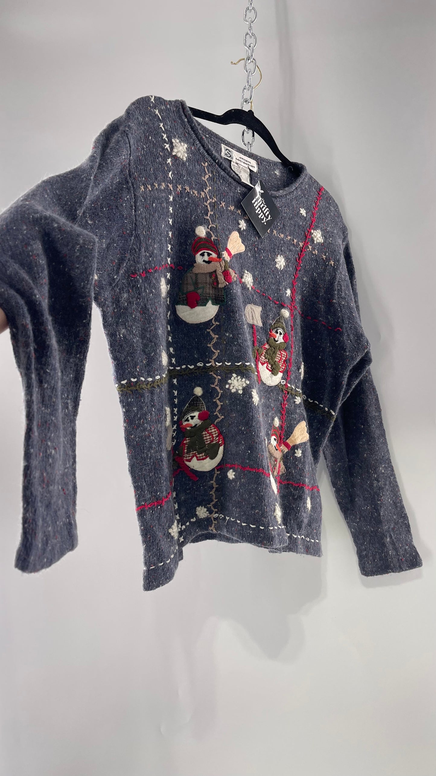 Vintage Urban Outfitters Christmas/Holiday Sweater with Festive Snowmen Snowflakes, and Contrast Stitch Detail (S)