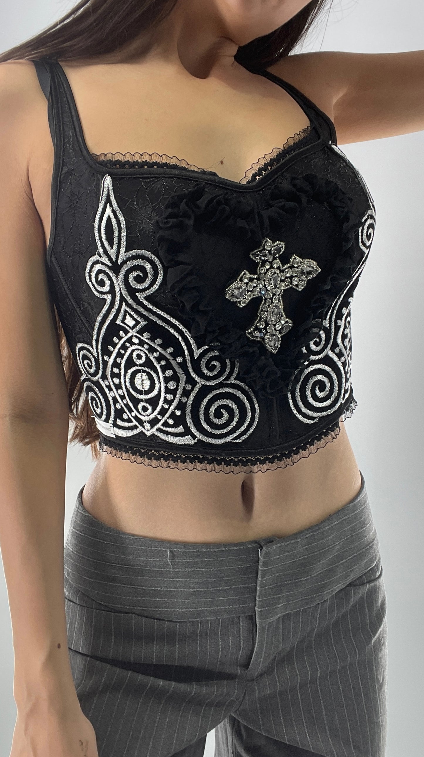 Custom Corset Handmade with Appliqués, Embroidery, Gemstones, Lace and Ruffles (S/M)
