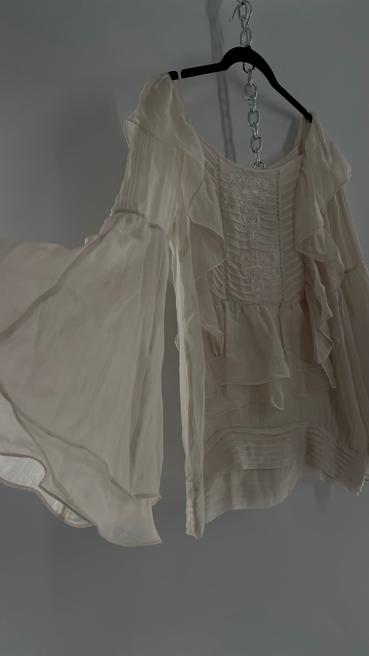 ZARA Ruffled and Embroidered Bell Sleeve Blouse (Large)
