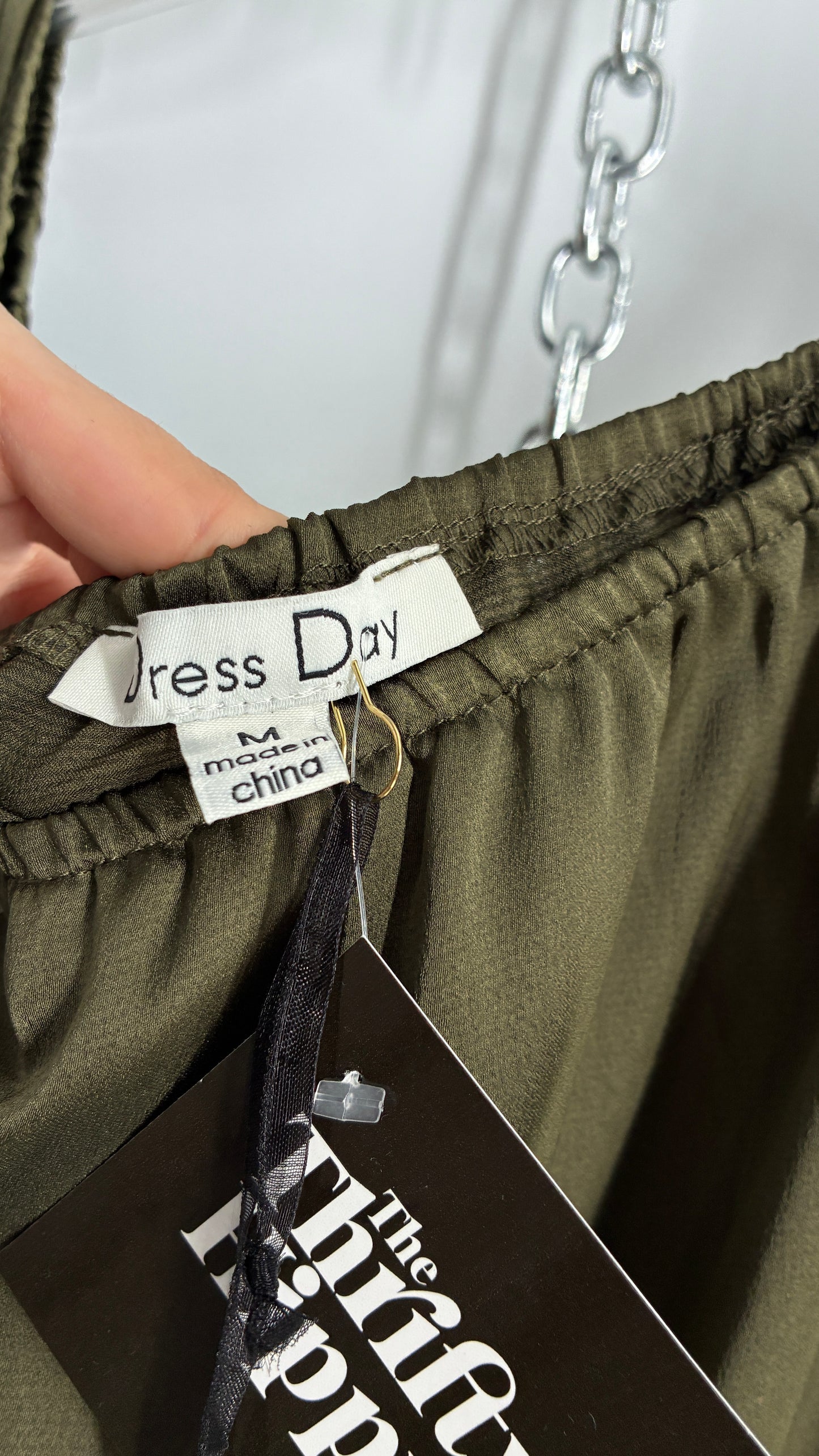 Dress Day Army Green Silky Balloon Sleeve Full Length Gown with Slit and Tags Attached (Medium)