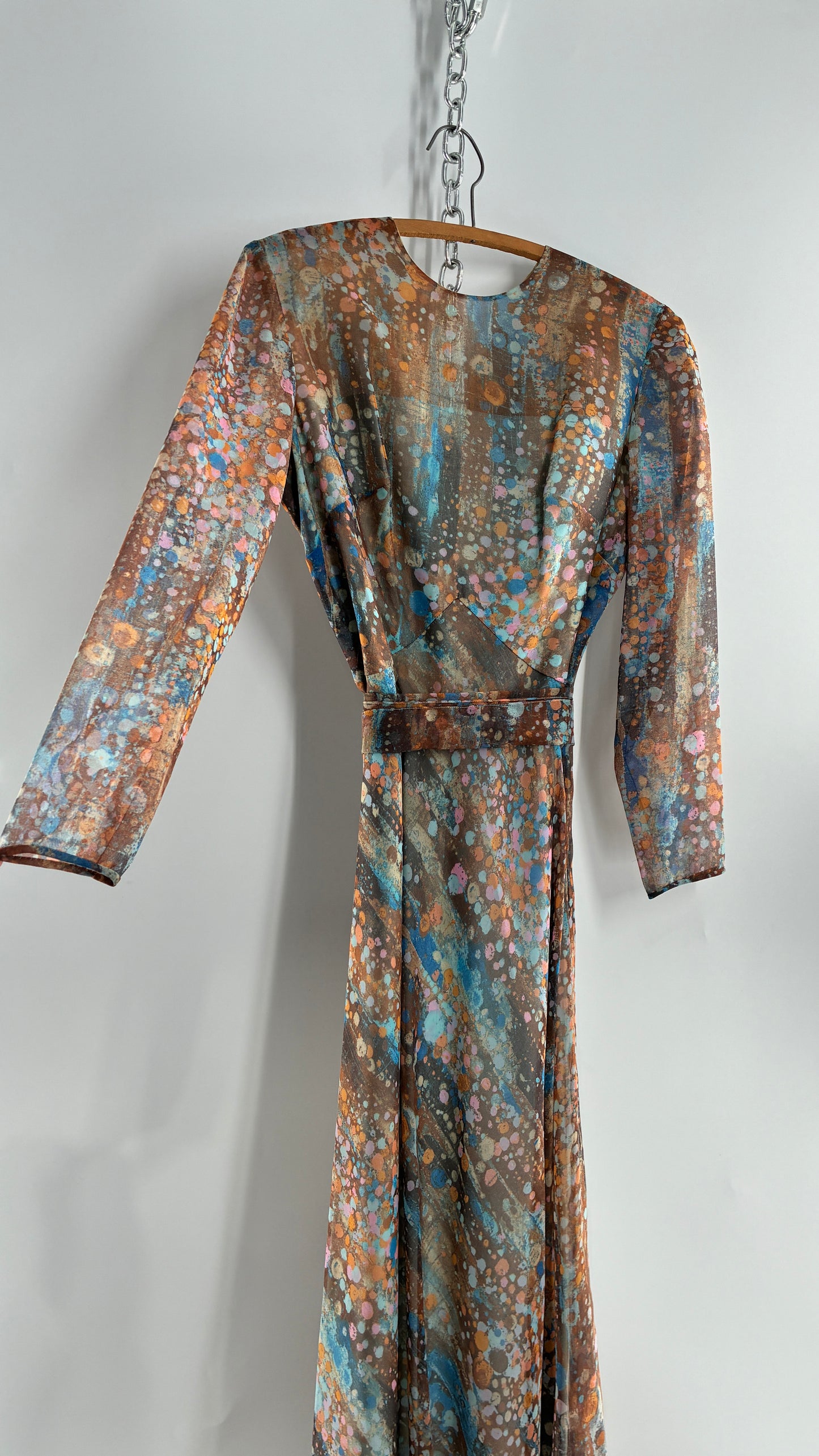 Vintage 1970s HELEN BASS Brown, Orange, Blue Voluminous Maxi Dress (S)