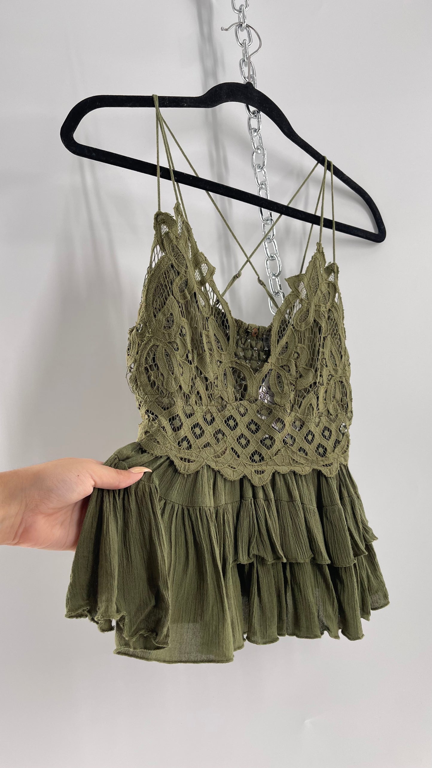 Free People Army Green Lace Bralette Top with Ruffled Hem (Large)