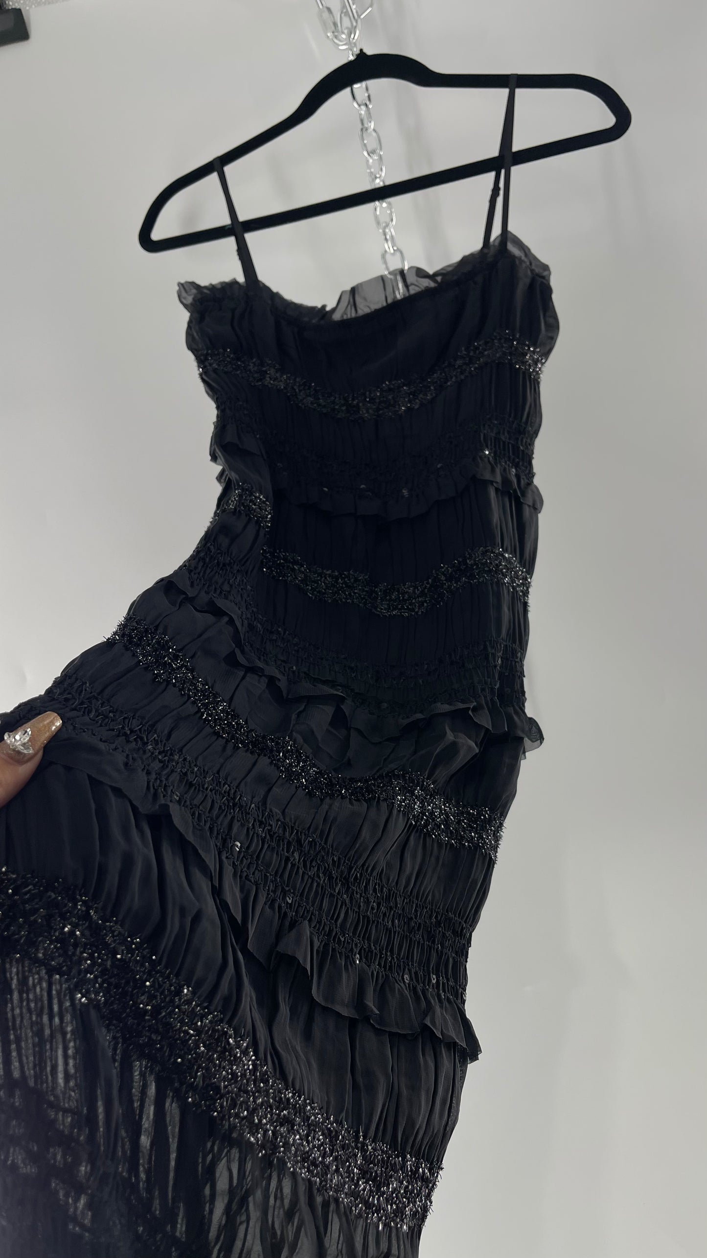 The Commense Black Sheer Crimped Midi Dress with Stripes of Tinsel and Ruffle with Tags Attached (Medium)