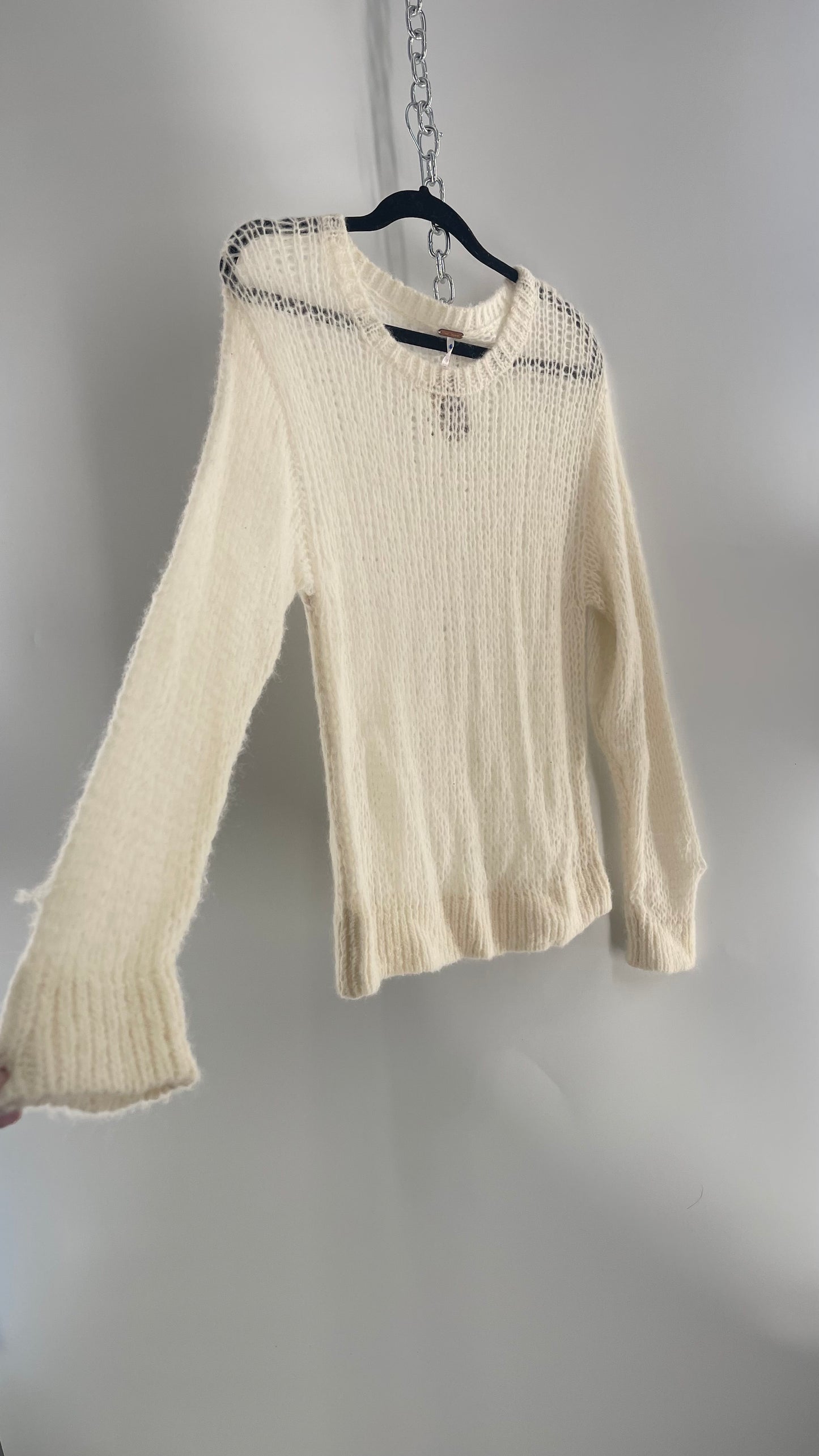 Free People White Open Knit Sweater 56% Alpaca (Medium)