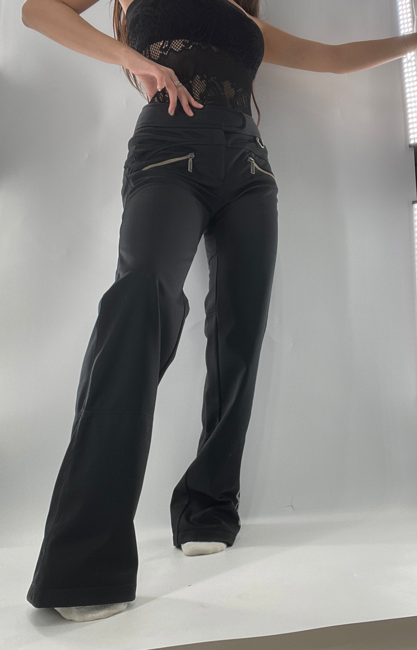 Vintage Athleta Flare 100% Nylon Thick Stretchy Black Pants with Side Clasps, Low Rise, Graphic on Back and Side of Leg (4)