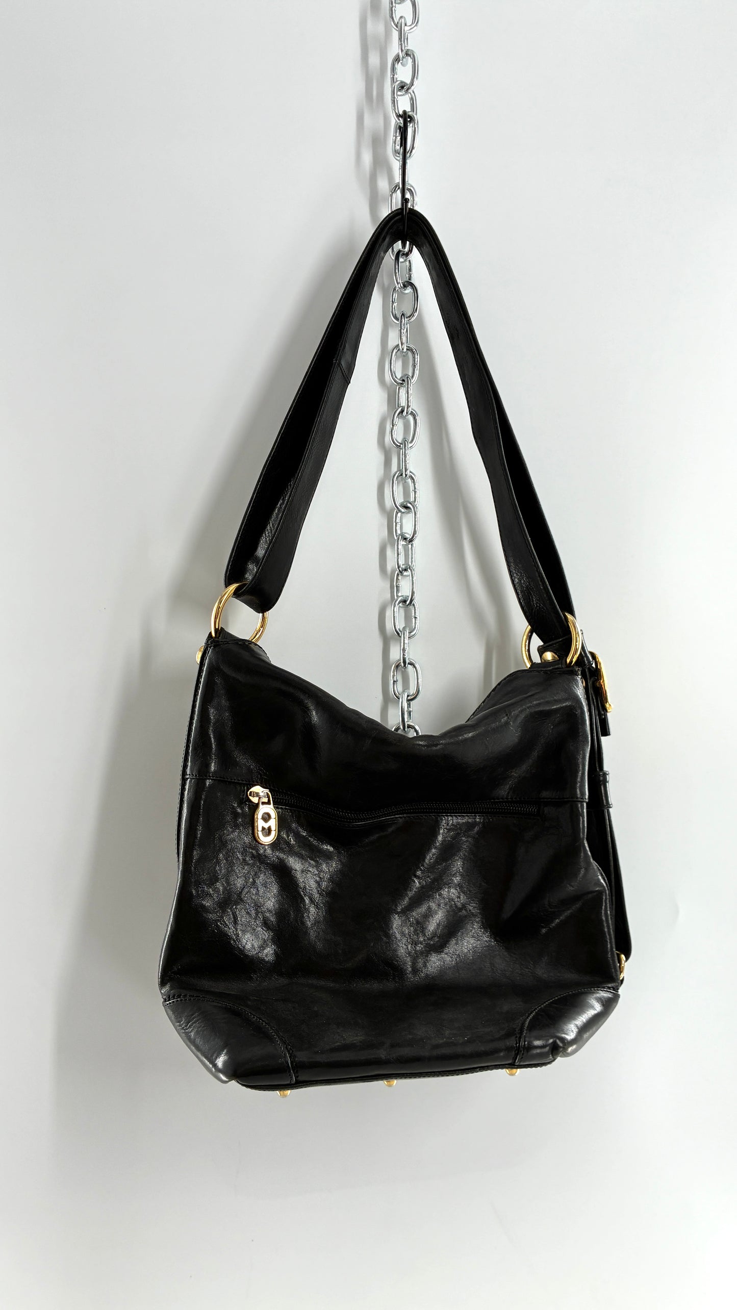 Vintage MARINO ORLANDI Black Leather Purse Made in Italy with Gold Embossed Hardware