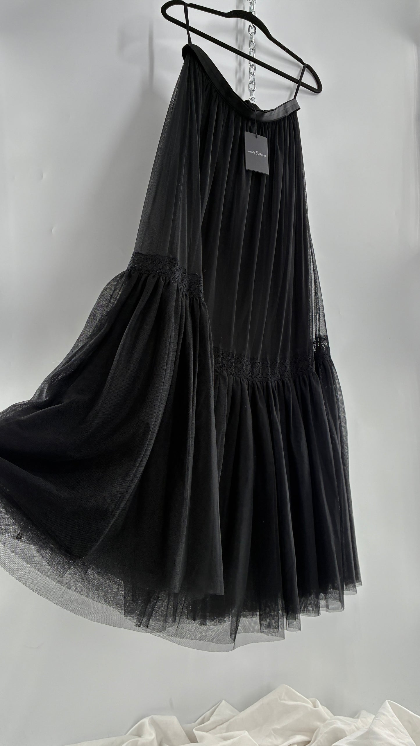 Needle & Thread Voluminous Black Multi Layer Mesh Full Length Skirt with Ribbon Waistline with Tags Attached (10)