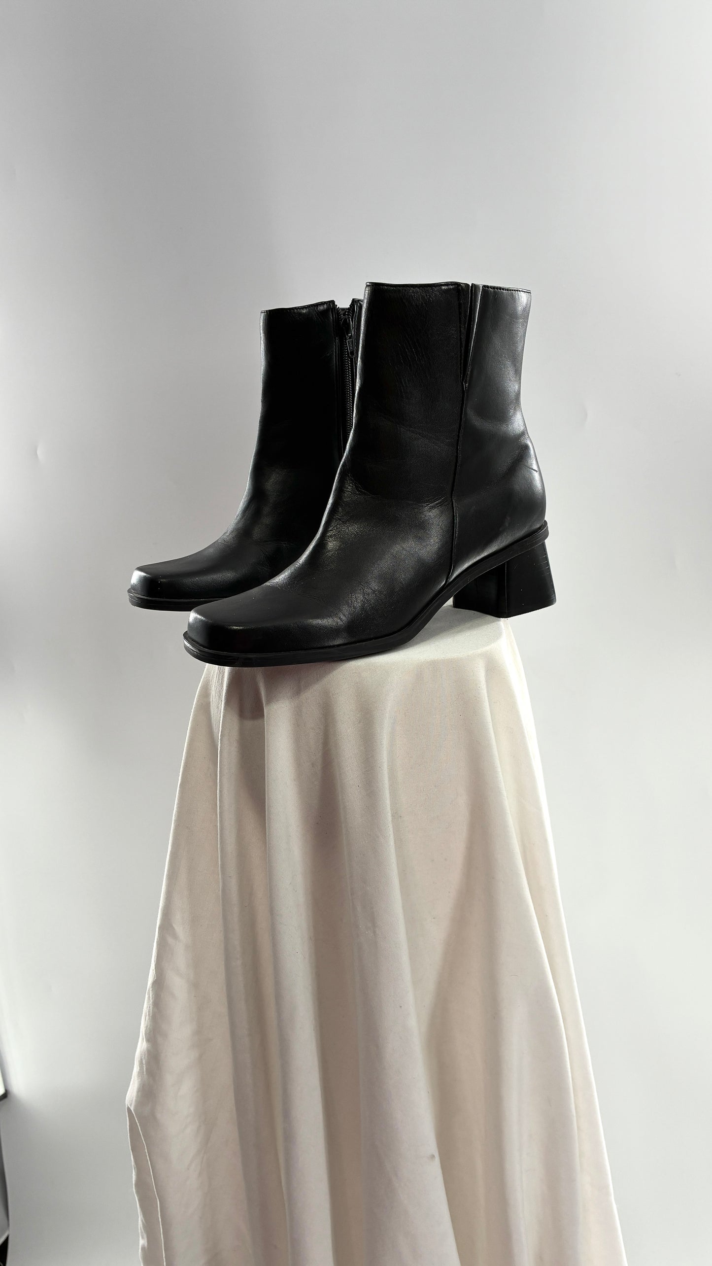 Vintage Naturalizer Black Square Toe Genuine Leather Block Heel Boots Made in Brazil (8)