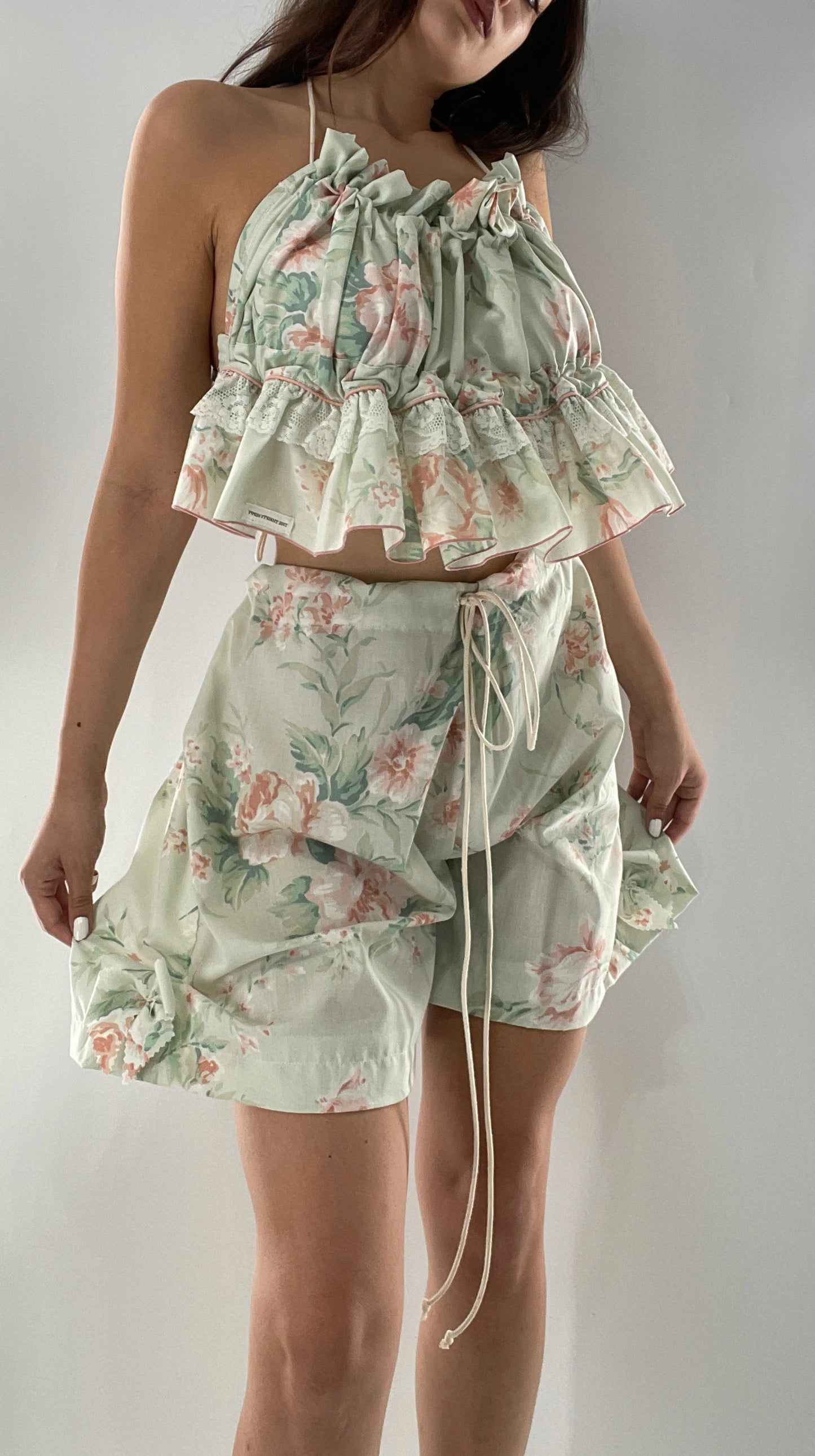 Vintage 2 Piece Bloomers and Babydoll Blouse Set Covered in Delicate Florals, Ruffles, Bows and Lace (One Size)