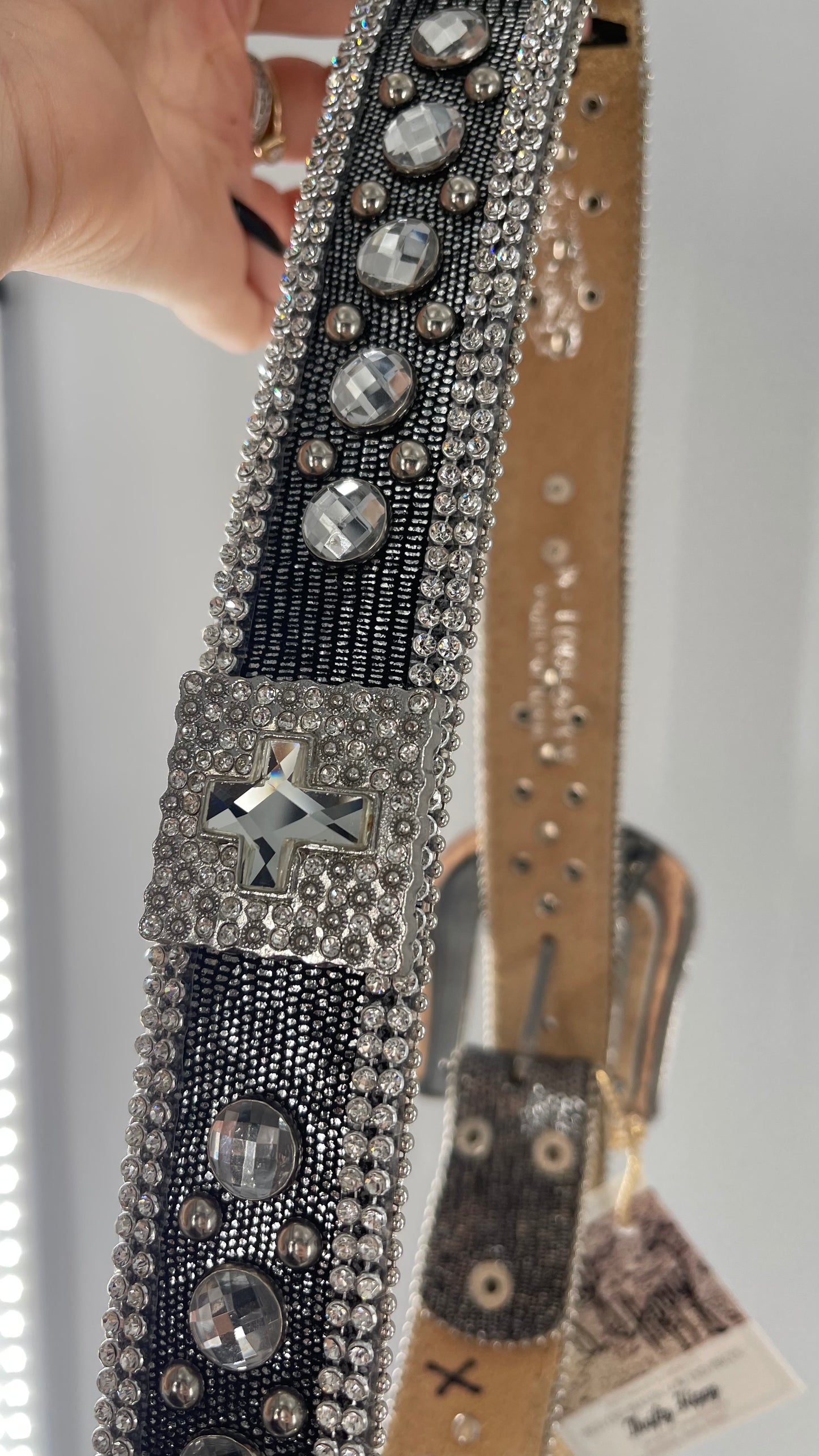 Free People Dark Silver Metallic Snake Print Belt covered in Crystal Embellishments and Heavy Metal Crosses (M)