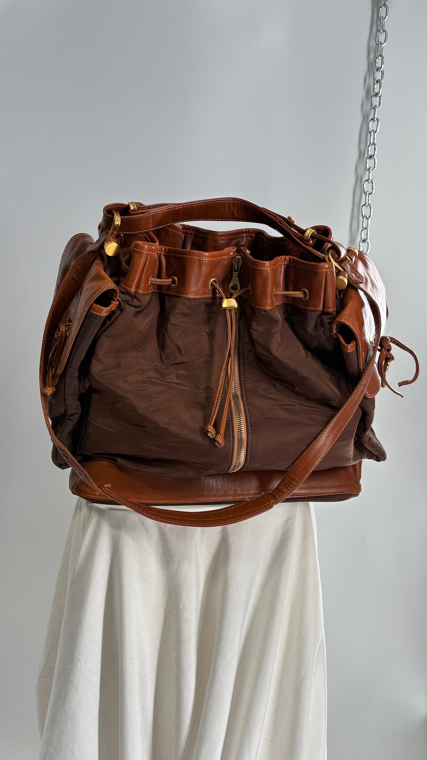Vintage DONNA KARAN DKNY Oversized XL Brown Zip Front Bag with Leather Details