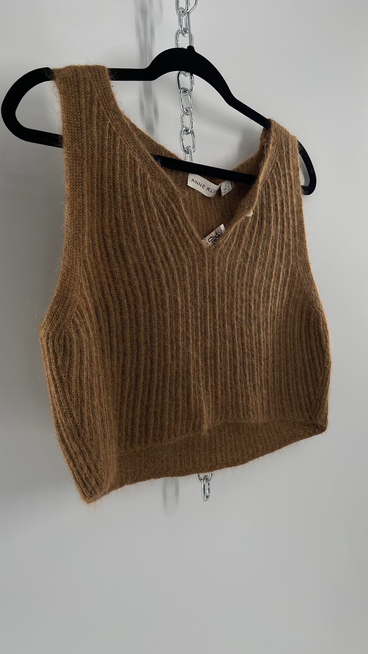 Vintage Anne Klein 42% Mohair Tan Knit Tank with Gold Tinsel (Large)