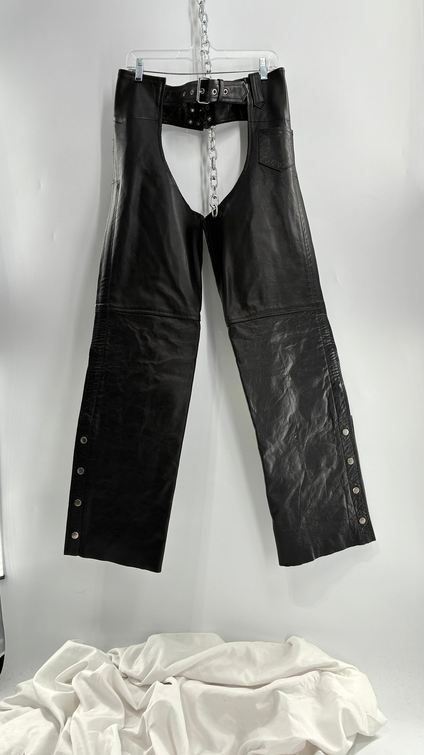 Vintage Xelement Black Genuine Leather Motorcycle Chaps with Side Zipper and Button Closure (34)